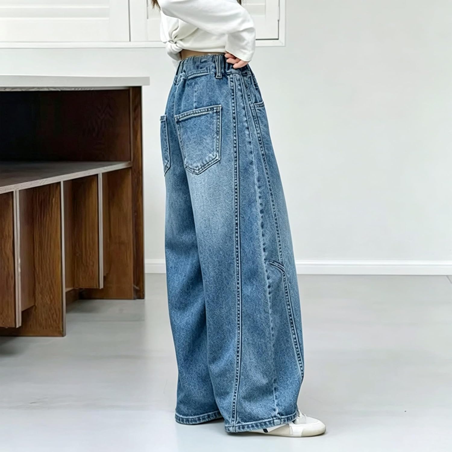 Baggy Jeans for Girls Wide Leg Elastic High Waist Y2k Barrel Denim Pants