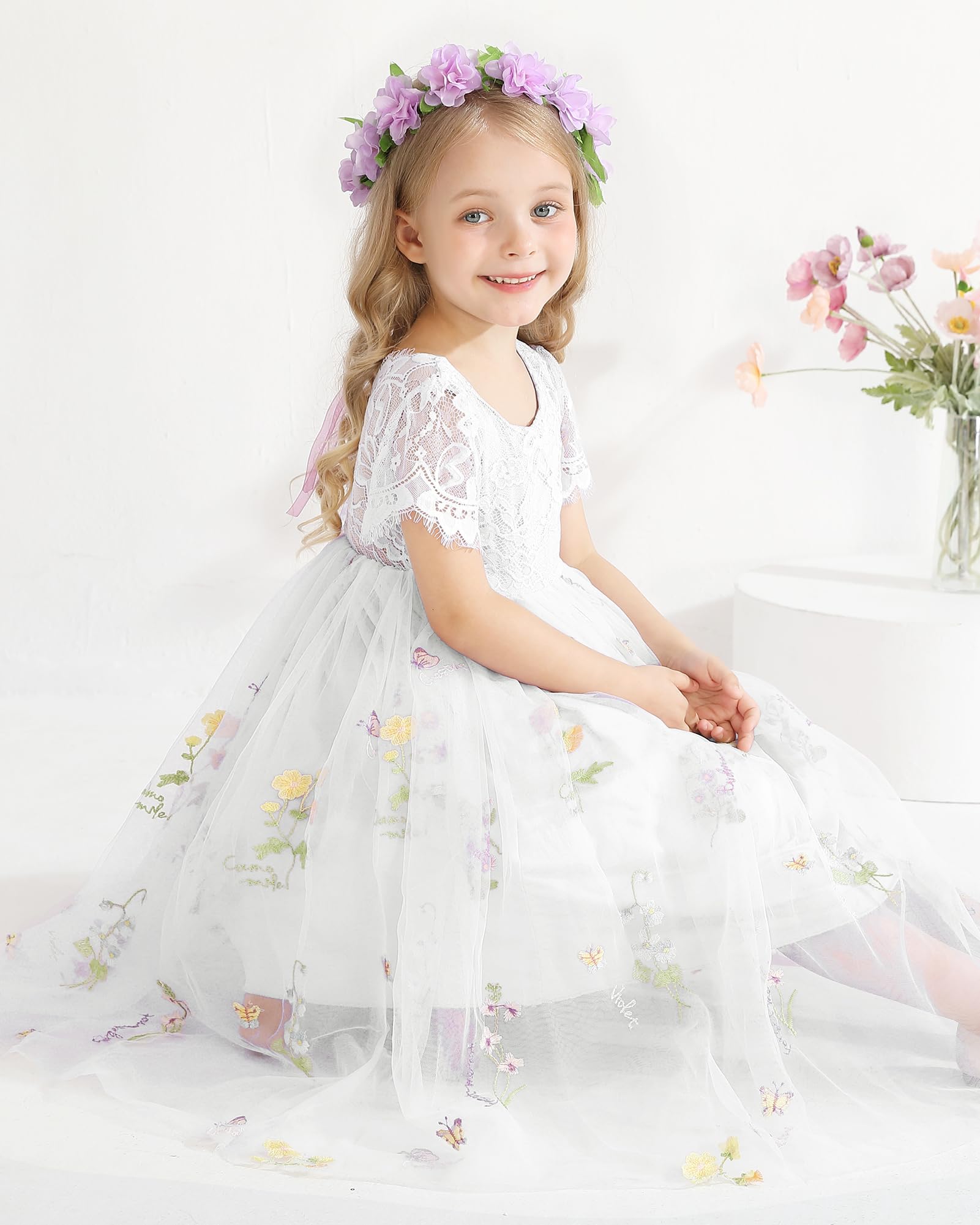 BlumenmäDchenkleider Spitze Hinten Kleid Und Blumenstickerei Geburtstag Tutu-TüLl-Kleider Festliches Kleid MäDchen Abendkleid Cocktailkleid Festzug Ballkleid 2-8 Jahr