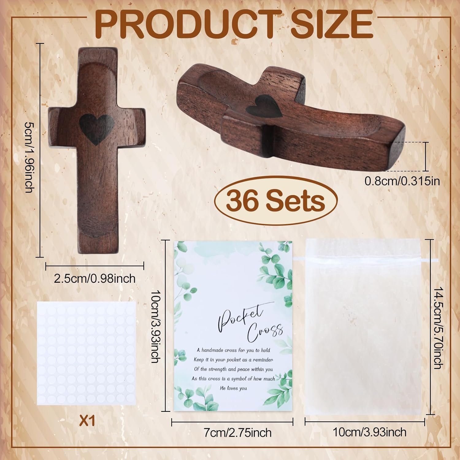 Zealor 36 Sets Wooden Pocket Cross Fidget Bulk with Greeting Card & Bag, Handmade Wood Small Cross My Heart Easter Encouragement Gift for Christian Religious Children Adults Praying