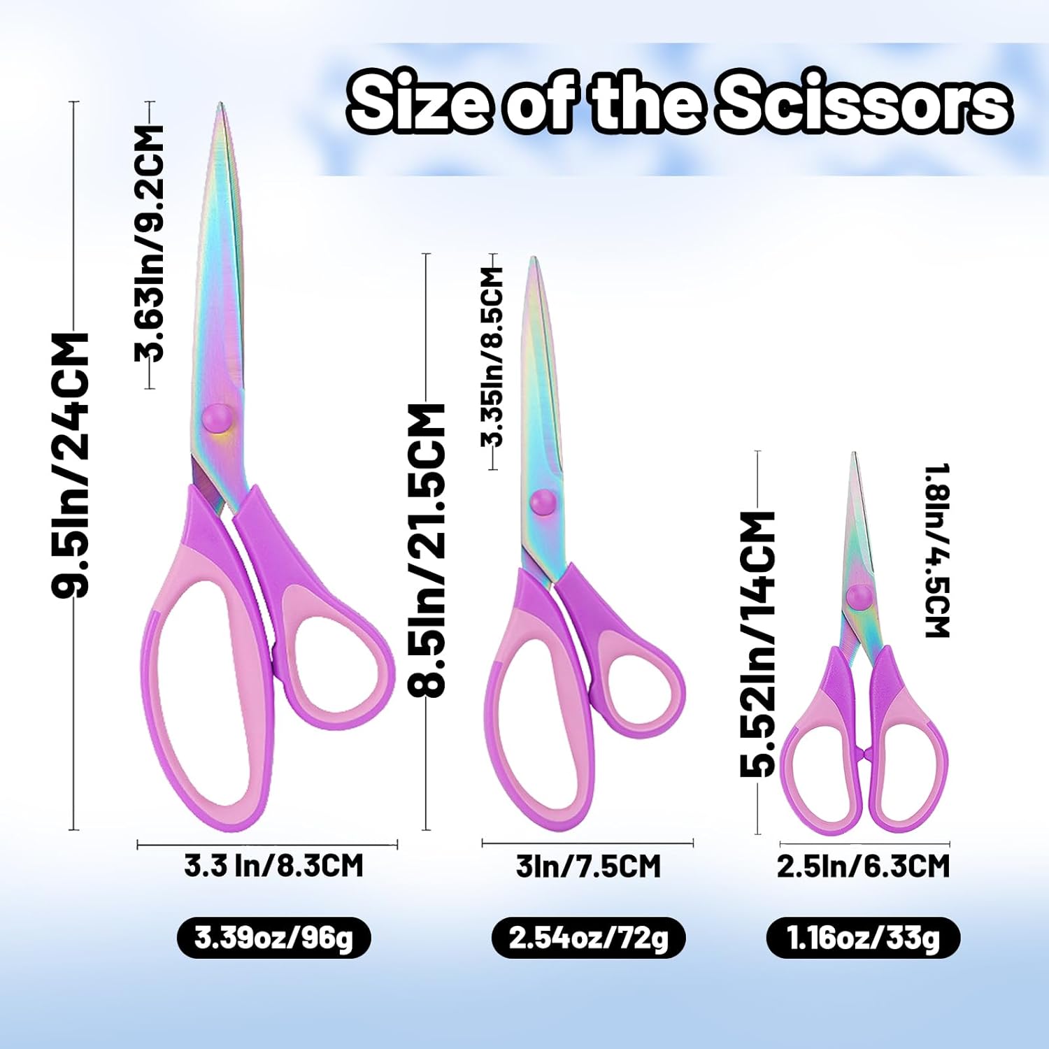 3-Piece Stainless Steel Scissors Set, Titanium Coated Blades with Ergonomic Non-Slip Handles, Multi-Purpose Sharp Scissors for Office Desk, Home Sewing, Fabric Crafts & School Supplies (Rainbow)