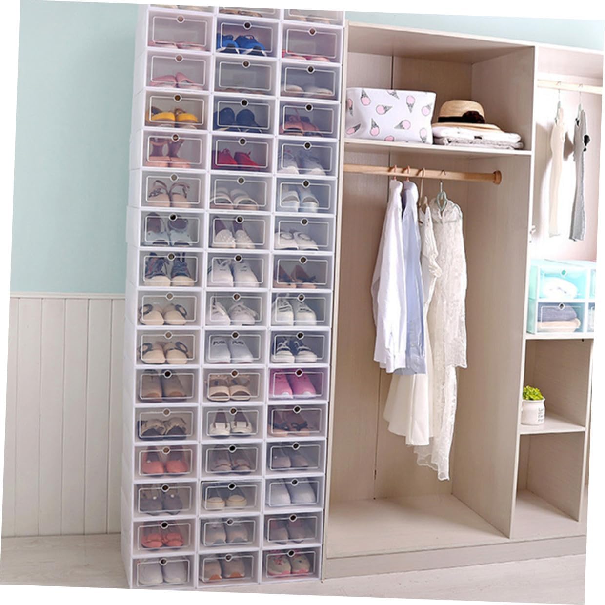 DOITOOL 12pcs Stackable Plastic Shoe Storage Boxes with Thickened Design, Large Size White Shoe Organizers for Closet and Home Storage