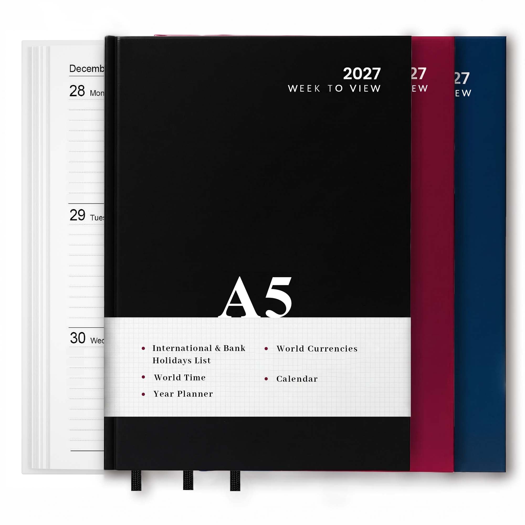2027 Diary A4 | A5 Day a Page | Week to View Hard Backed Casebound Desk Diary with Ribbon Marker for Business, Office & Personal Use (Black, A5 Week to View)