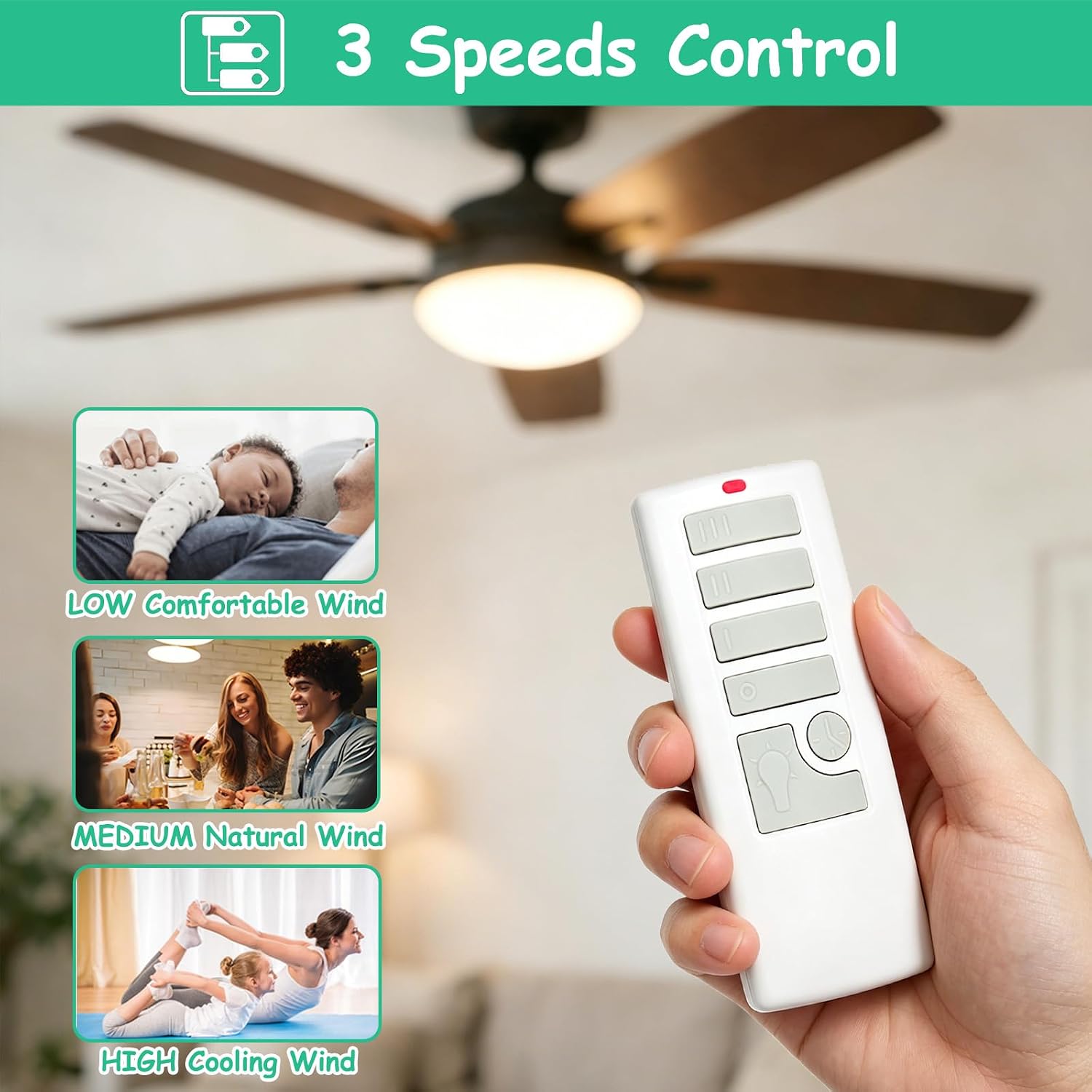 Universal Ceiling Fan Remote Control and Receiver Kit, Replacement for Harbor Breeze, Hunter, Hampton Bay, 3 Speeds Fan Control with Light Dimmer, Time Delay, 304.17MHz, Included Wall Mount