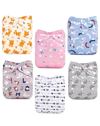 ALVABABY Pañales de tela para bebé, paquete de 6 con 12 inserciones, fundas de pañales de tela, ajustables, lavables, reutilizables, para bebés y