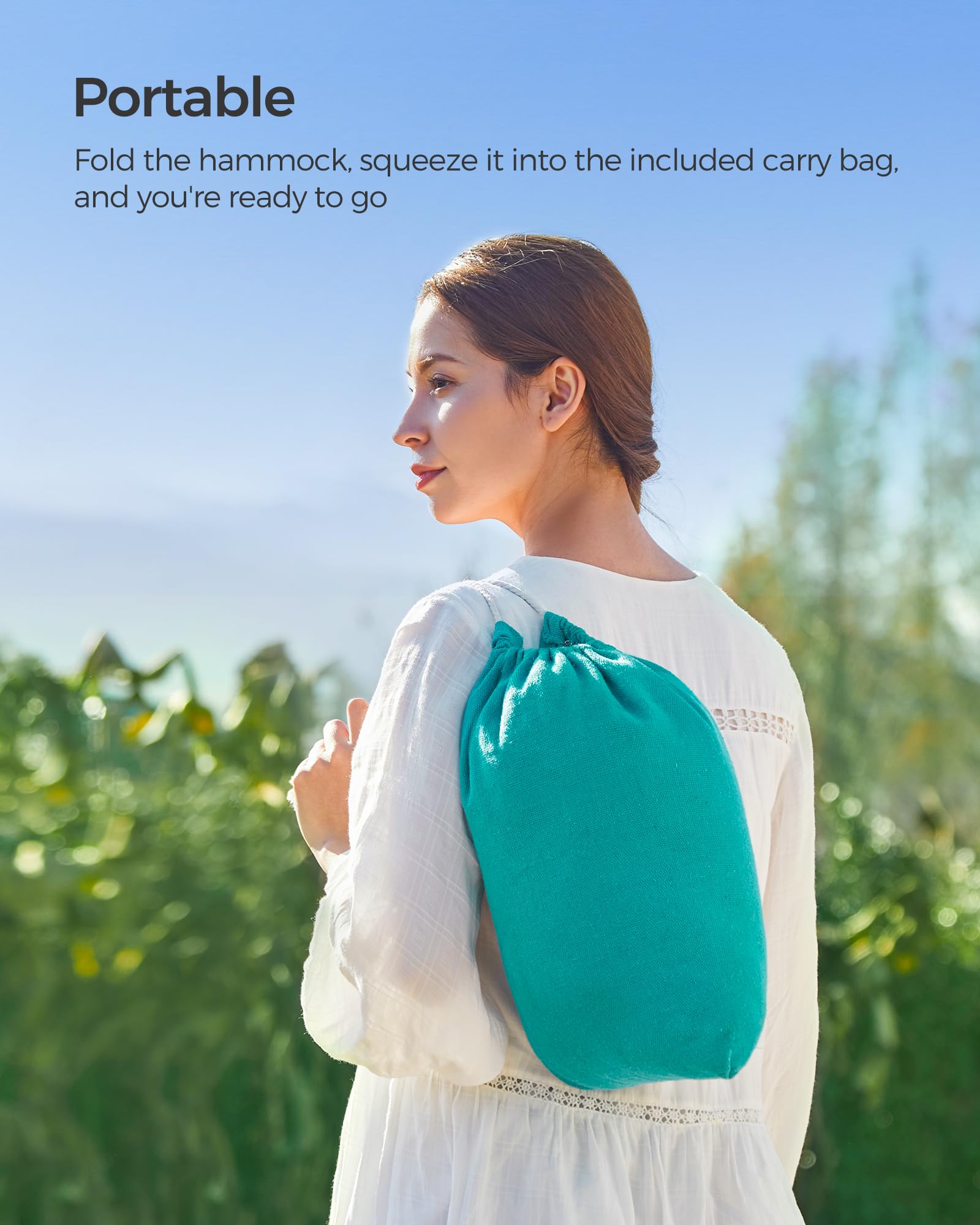SONGMICS Doppelhängematte 98,4 x 59,1 Zoll 299,4 kg Tragkraft mit Kompressionstasche Befestigungsgurte Karabiner für Terrasse Balkon Garten Outdoor Camping Türkis UGDC15BU