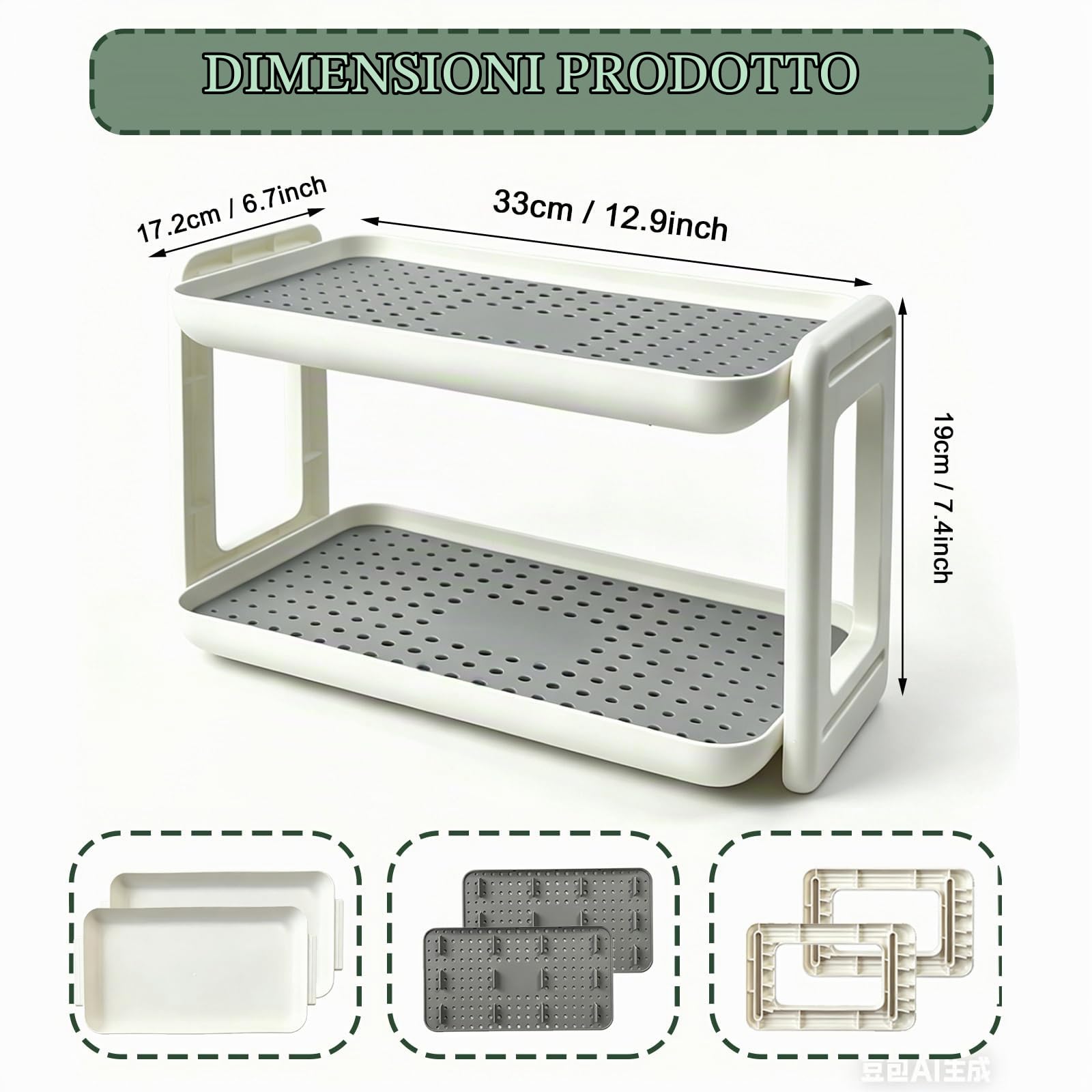 Porta Spezie per Cucina, Portaspezie Salvaspazio Cucina 2 Livelli in Plastica con Vaschetta Scolagocce, Portaspezie da Appoggio per Cucina Bagno Camera da Letto, Contenitore per Spezie e Tazze, Bianco