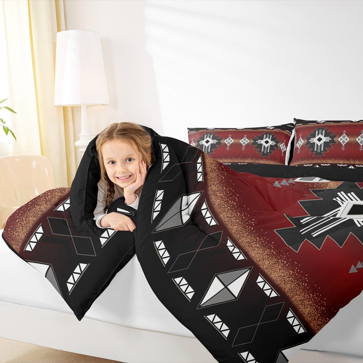Erosebridal Rustic Western Queen Bedding Set, Southwestern Aztec Comforter Set for Boys Teens Men Bedroom, Exotic American Native Quilt Vintage Bohemian Geometric Bedding Comforter Sets, Red Black
