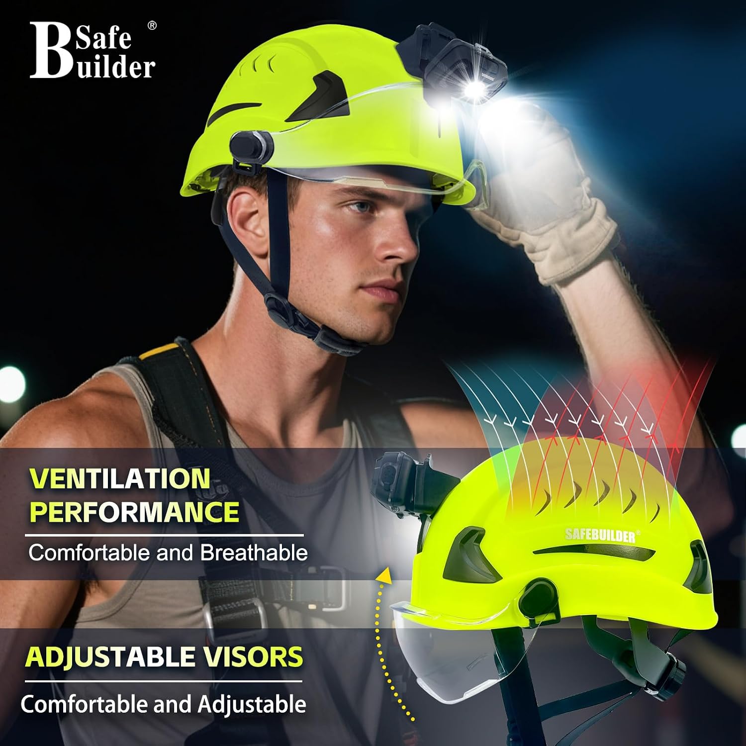SAFEBUILDER G2C+H Type 2 Class C Hard Hats with Headlight Safety Helmet with Headlamp Vented Construction Work at Height Rescue Industrial ANSI