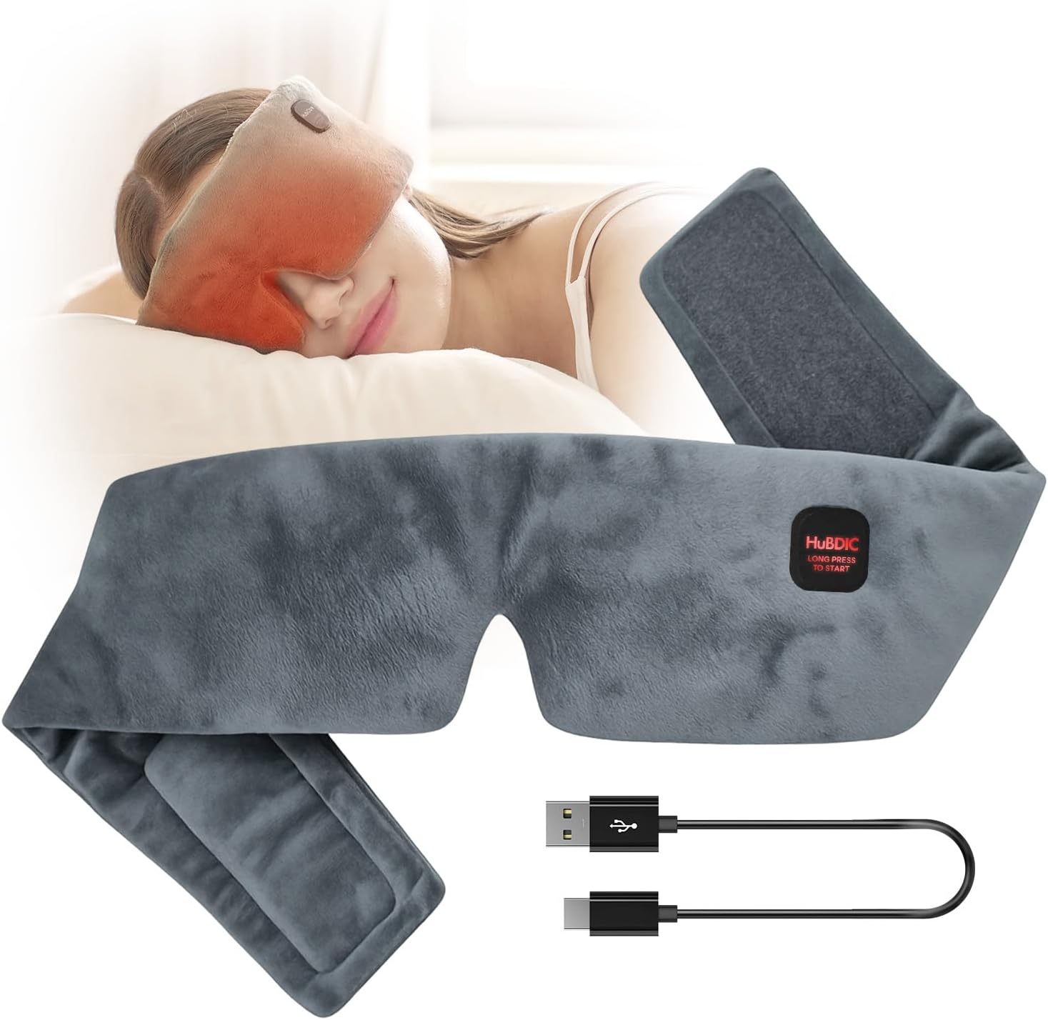 HubiCare Plush Heated Sleep Eye Mask with 2500mAh Battery, Ultra-Soft Warm Compress for Dry Eyes & Relaxation, 3 Heat Levels, Auto-Off Timer, Portable Adjustable Eye Warmer