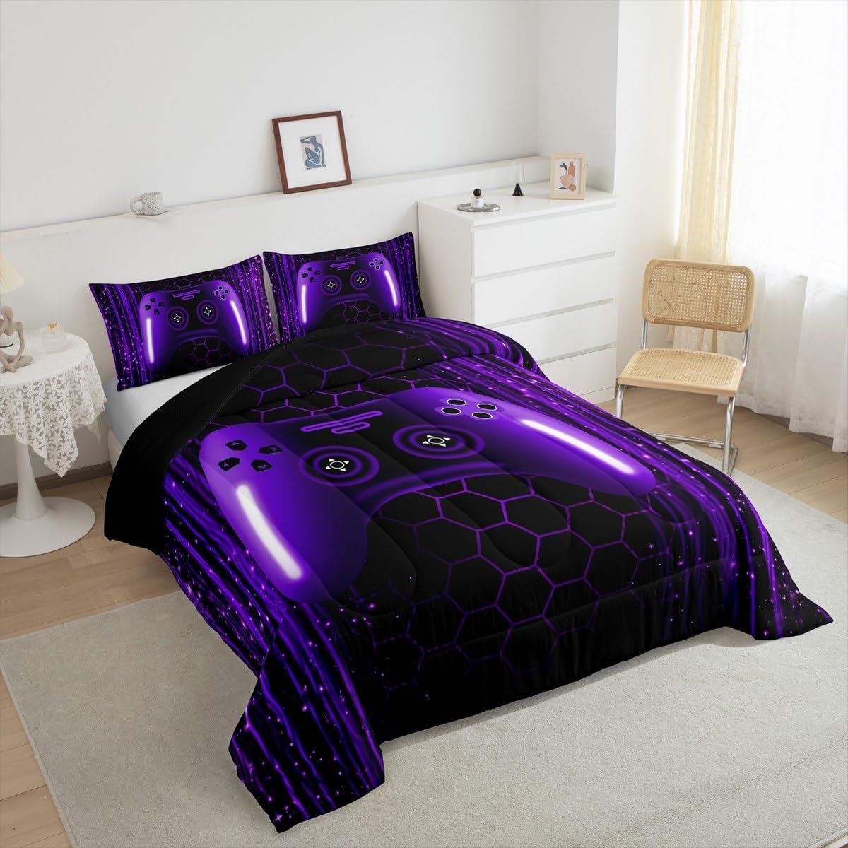 Erosebridal Kids Gamer Toddler Bedding Set for Boys Bedroom Neon Lights Dull Purple Gaming Comforter Set for Kids Teens Game Console Quilt Striped Honeycomb Hexagon Comforter Geometric Duvet Insert