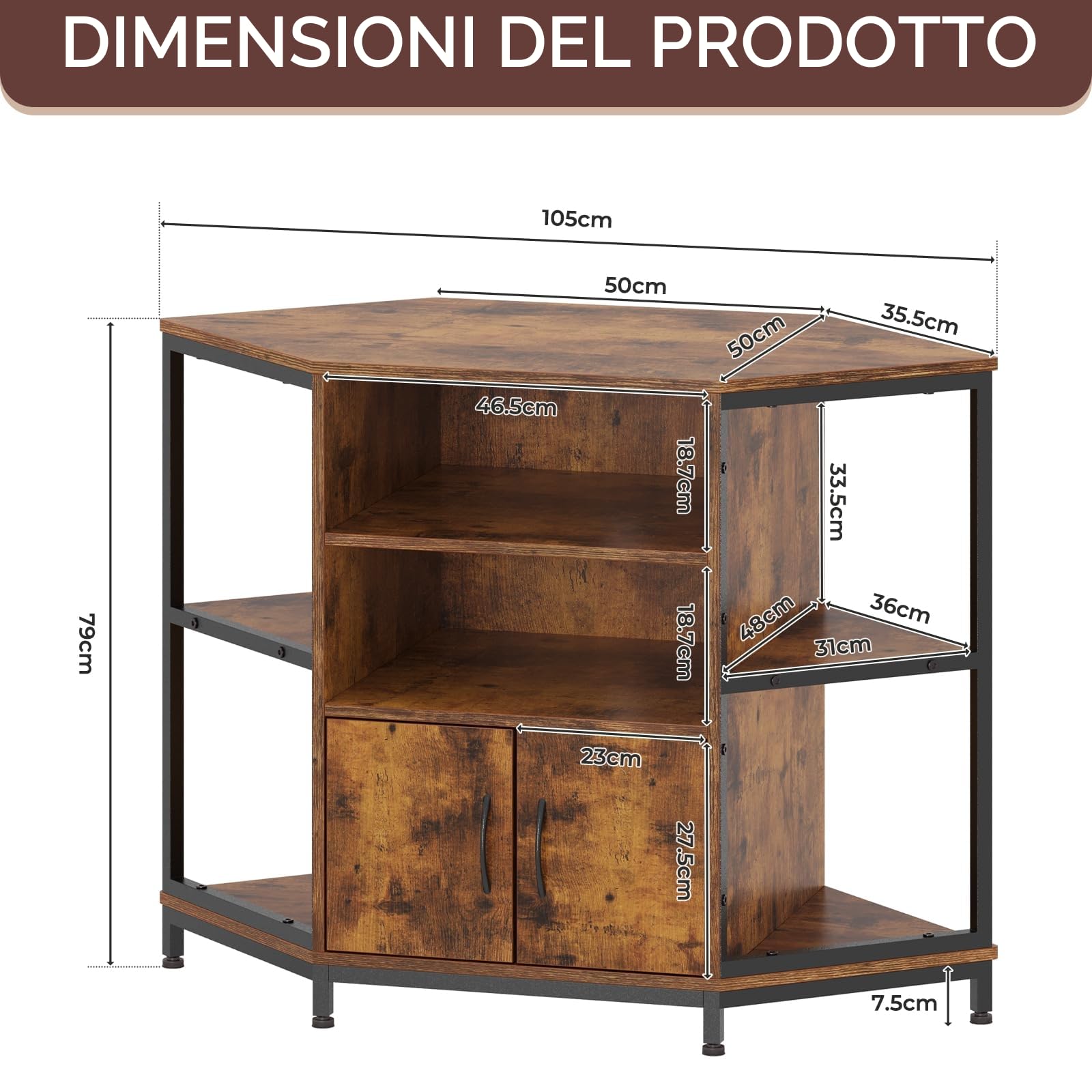 Dripex Mobile angolare per TV con illuminazione a LED, per soggiorno, design industriale, 105 x 50 x 79 cm, marrone vintage