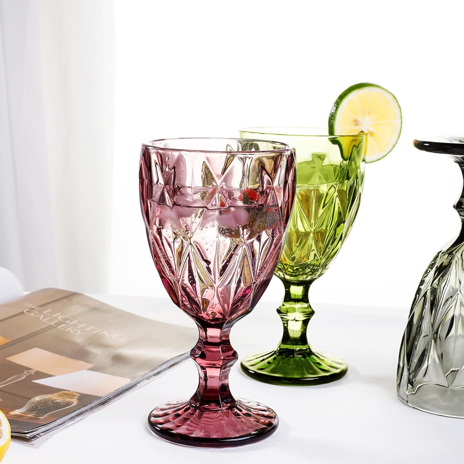 Vintage Wine Glasses Set of 4, Plastic Reusable 12 Ounce Colored Water Goblets, Unique Embossed Pattern Unbreakable Stemmed Wine Glasses, High Clear Wedding Party Bar Drinking Cups Multicolor - Image 4