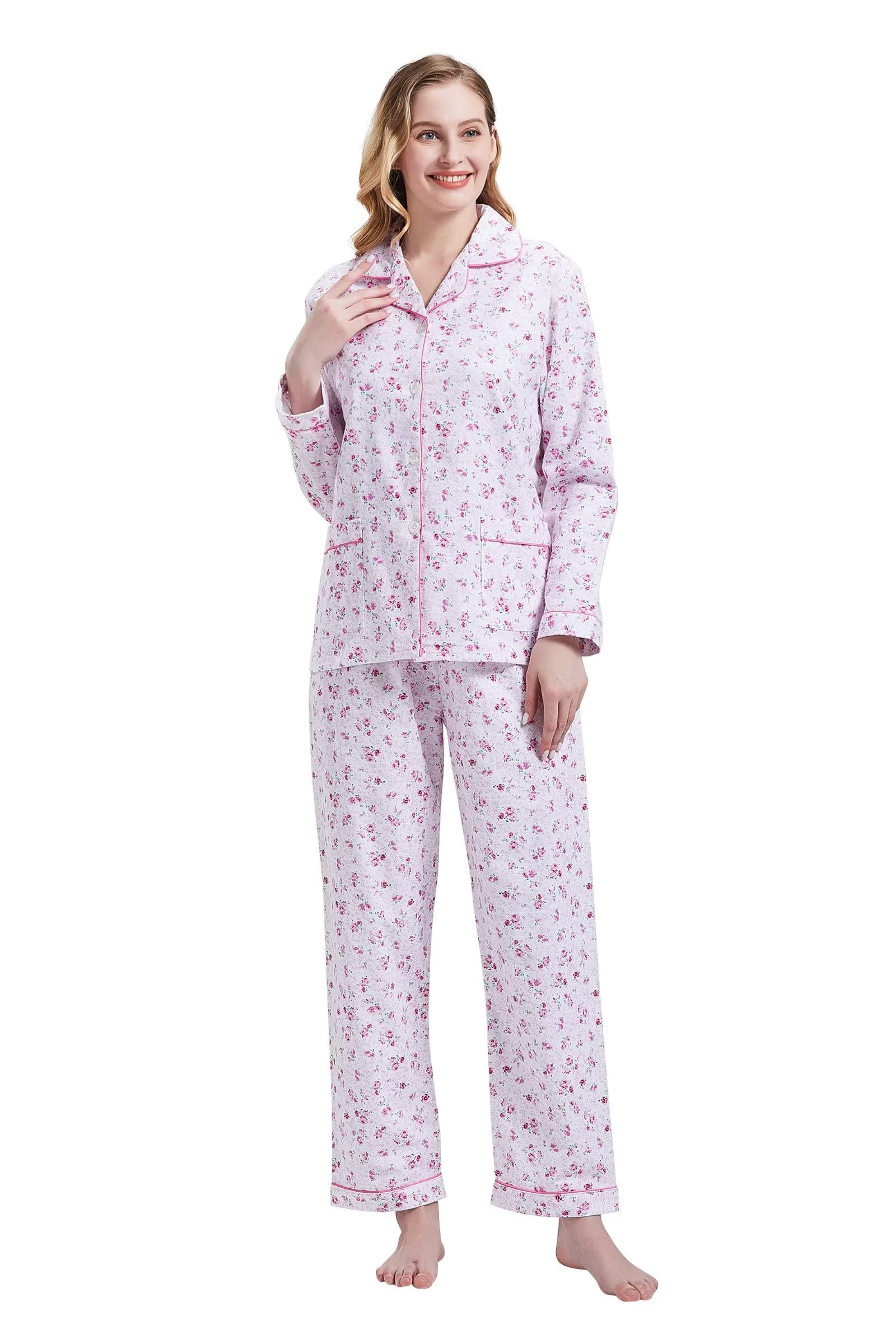 GLOBAL Women's Flannel Pajamas Set 100% Cotton PJs for Women Long Sleeve Button Drawstring Waist Warm Loungewear Sleepwear