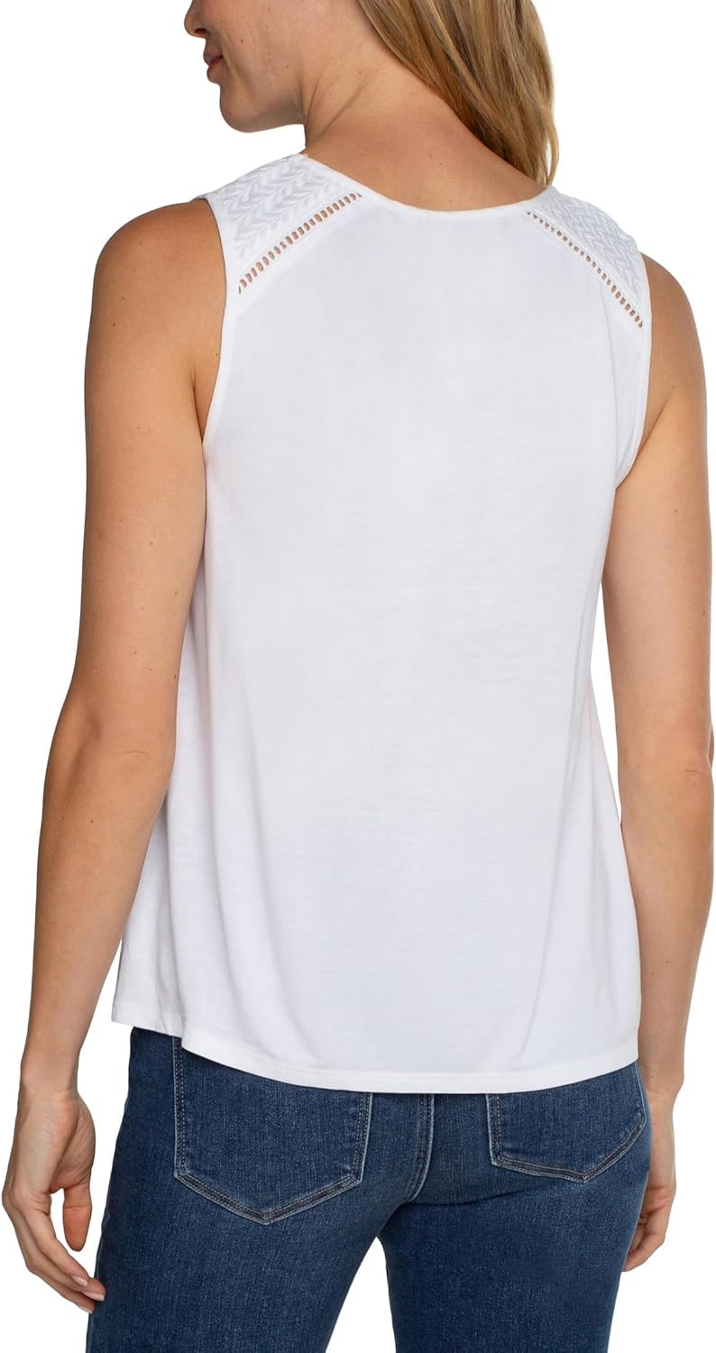 Liverpool Los Angeles, Women's, Embroidered Sleeveless Knit to Woven Muscle Tank, White with White Embroidery, Large