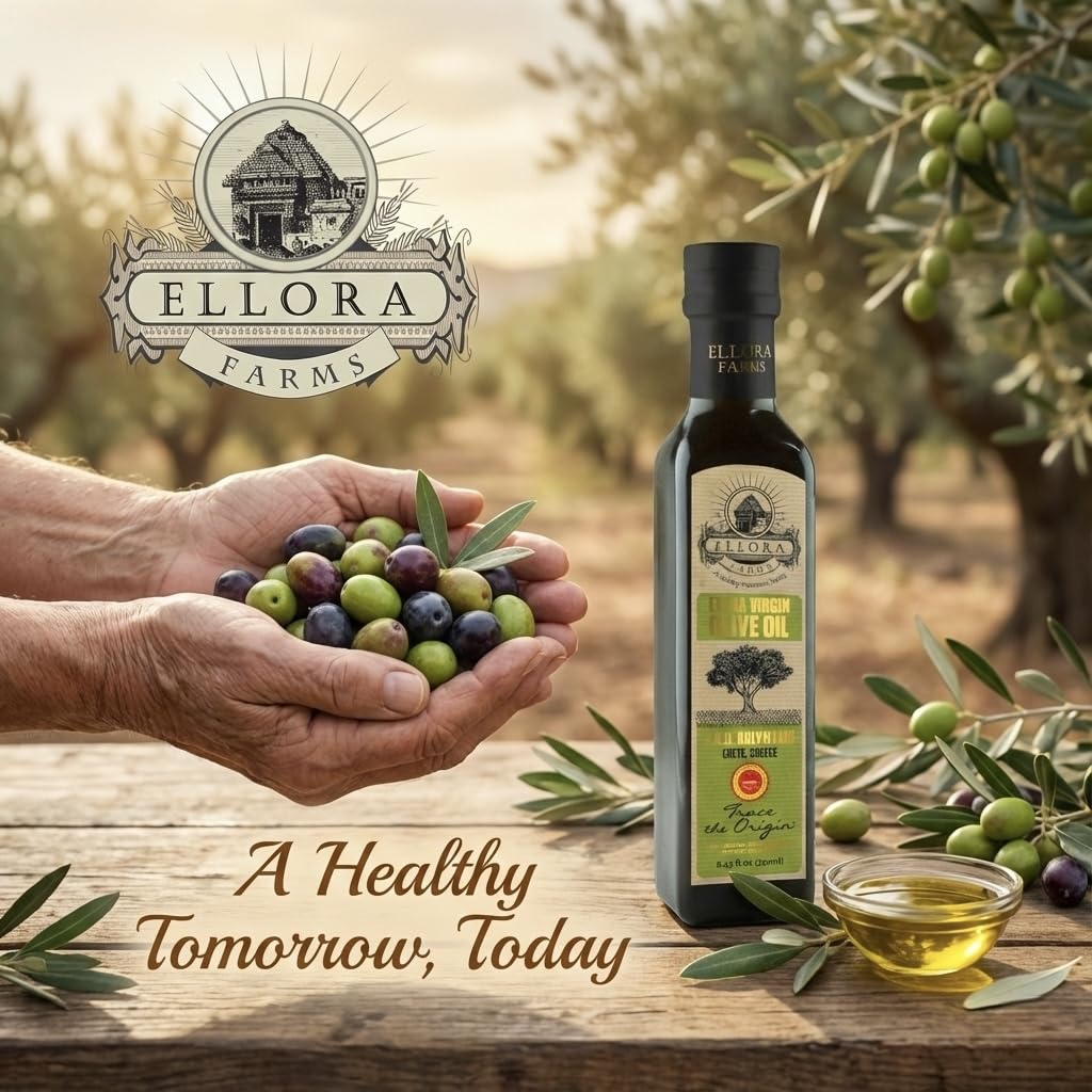 Ellora Farms, Greek Extra Virgin Olive Oil, Certified Single Estate PDO, Traceable, Kosher 8.5 oz. Glass Bottles, Pack of 2