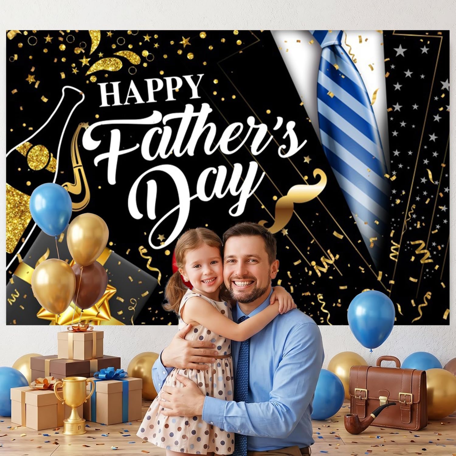 Fathers Day Backdrop 10x10ft Black and Gold Happy Father's Day Sign Photography Bckground Men Suit Fathers Day Party Decoration Banner Cake Table Decor Family Photoshoot Props