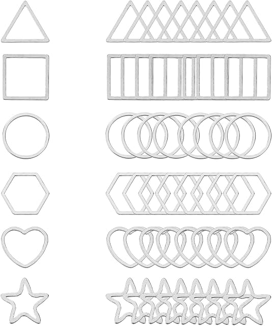 UNICRAFTALE 120pcs 6 Styles 304 Stainless Steel Linking Rings Square & Ring & Star & Heart & Hexagon & Triangle Frames Connectors Metal Jewelry Connector Links for Women Jewelry Making