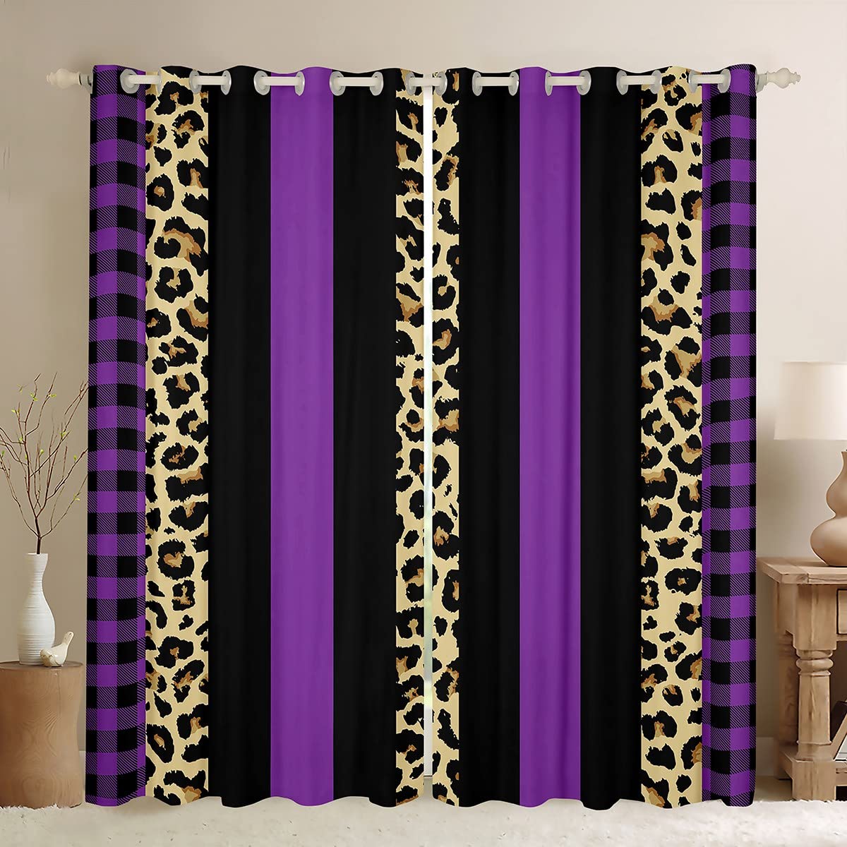 Loussiesd Kids Leopard Curtains for Bedroom Living Room Cheetah Window Dreapes Decor Purple Black Blackout CurtainsSet Women Men Animal Safari Print Window Treatments W46*L54