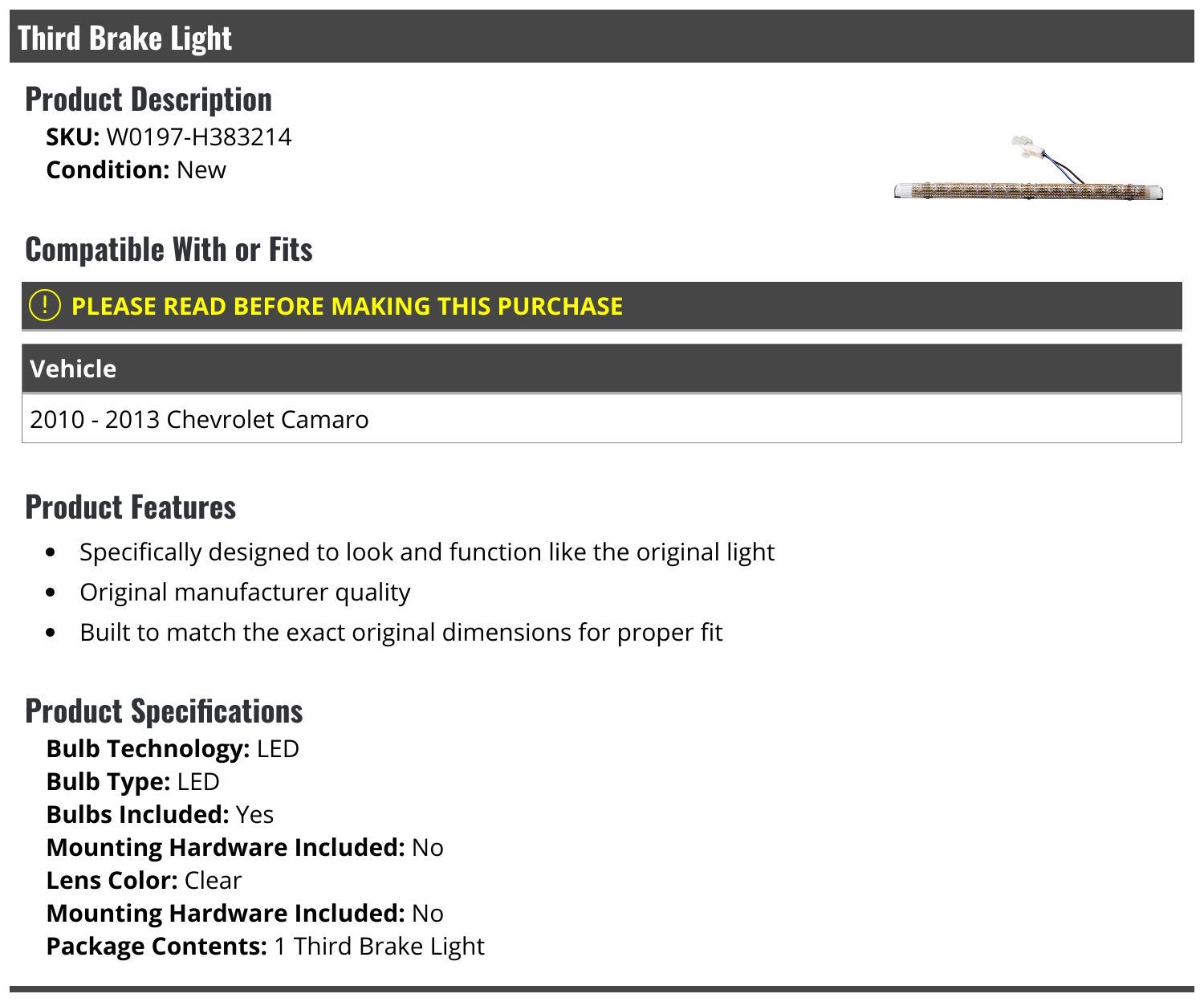Marketplace Auto Parts, 3rd Third Brake Light Lens - Compatible with 2010-2013 Chevy Camaro