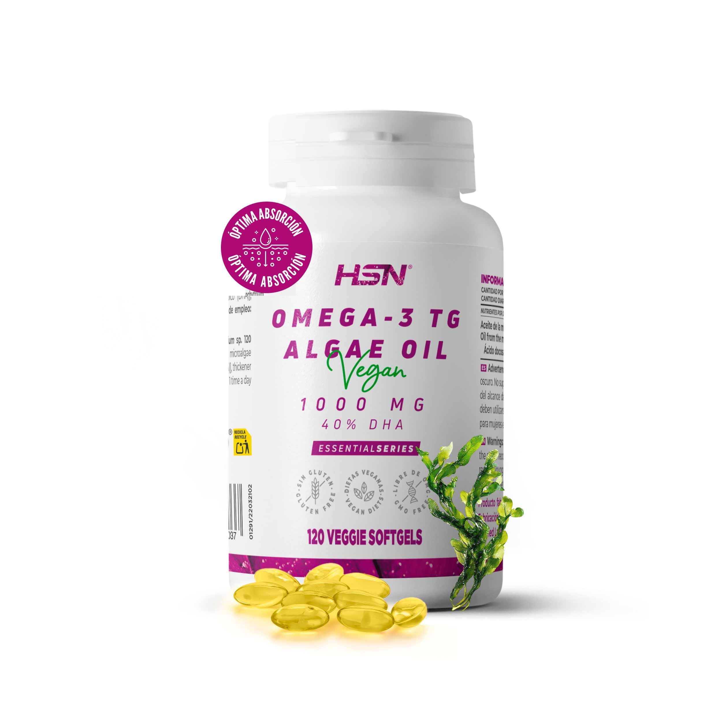 HSN Omega 3 Vegano (400mg DHA) | 120 Perlas Vegetales | 1000mg Aceite de Algas (Schizochytrium sp.​) en forma de Triglicéridos Naturales [TG] de Alta Biodisponibilidad | No-​GMO, Sin Gluten