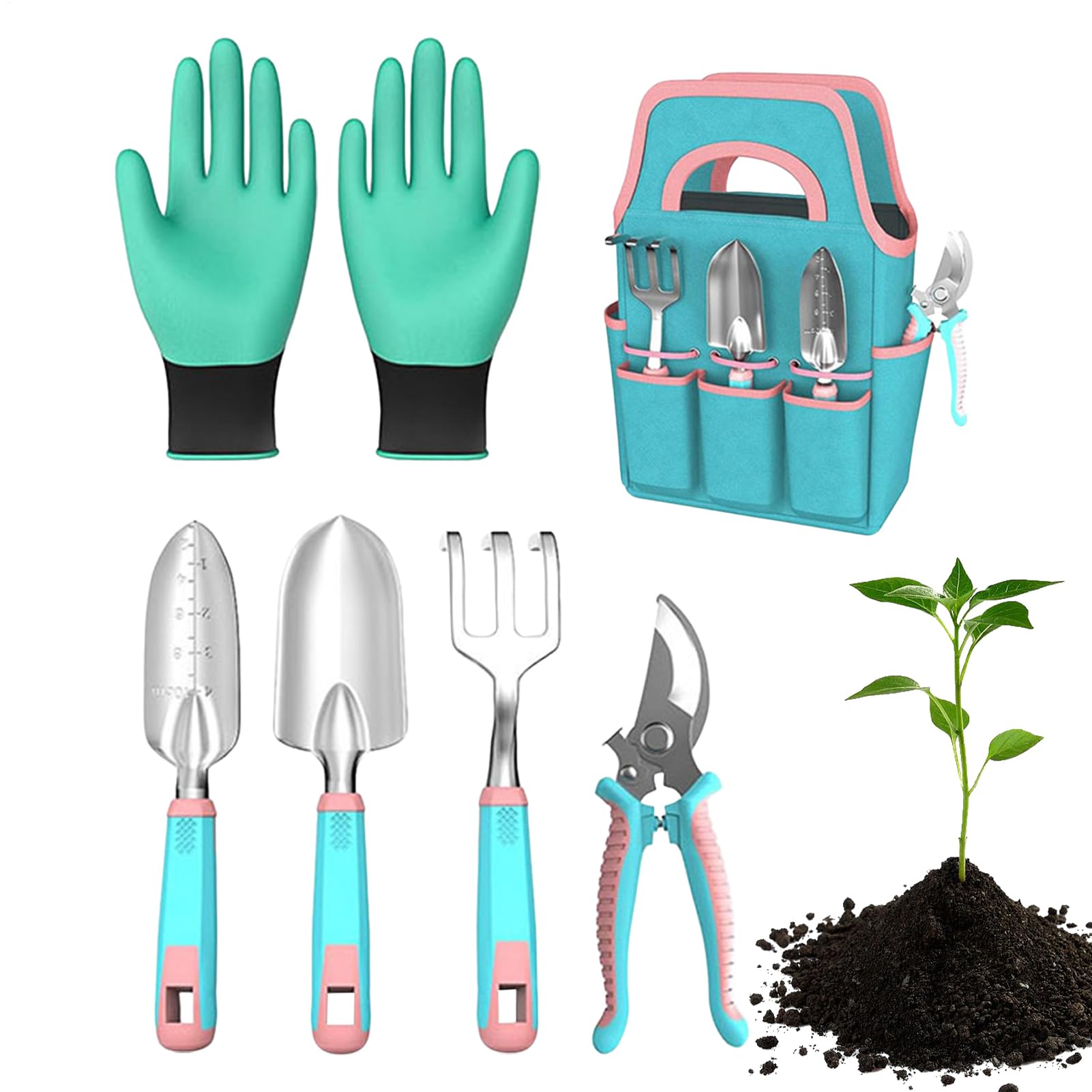 Kit per Giardinaggio Trowel da Piantumazione, Rastrello, Guanti e Cesoie | Attrezzi Manuali Per Giardinaggio Con Borsa Di Trasporto Per Esterno Prato Cortile Patio Balcone Serra E Int