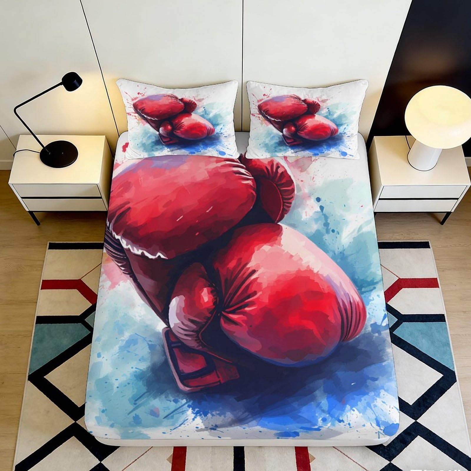 Uynsixtme Style-3 3D Printed Boxing Gloves Fitted Sheet Microfiber Deep Pocket Anti-Slip Bedroom Set Boxing Theme Mattress Fitted Cover Washable For Home 140X200x25cm