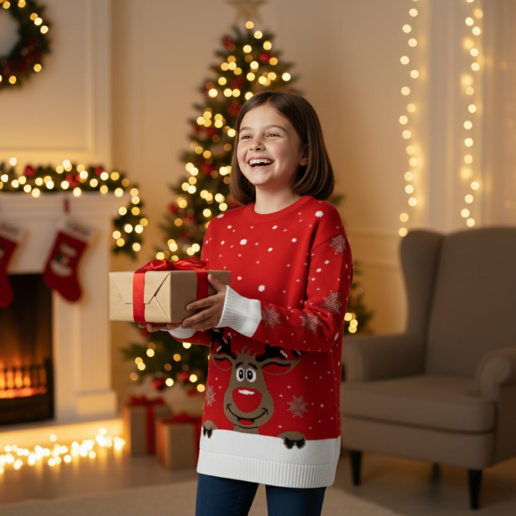 janisramone Maglione natalizio per bambini, motivo renna, maglione natalizio per ragazze, a maniche lunghe, divertente, unisex, a girocollo, maglione natalizio nero rosso, età 3-13 anni