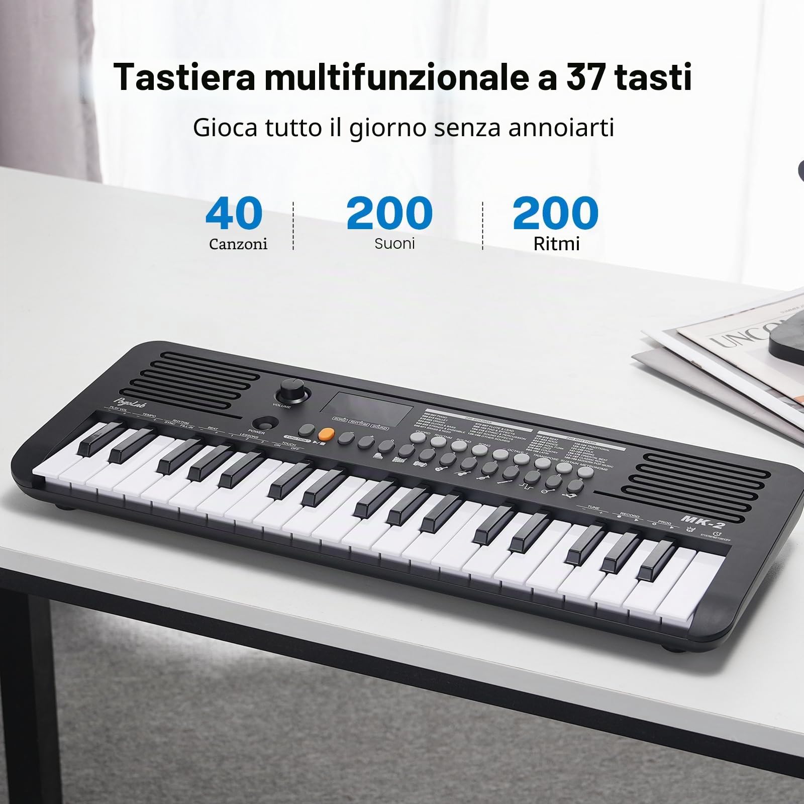 POGOLAB Mini Pianoforte Digitale, Pianoforte per Bambini con 37 Tasti, 40 Canzoni, 200 Suoni, 200 Ritmi, Tastiera Pianoforte con Uscita MIDI, Digital Keyboard Portatile (19,3x7,3x1,9 Pollici)(nero)