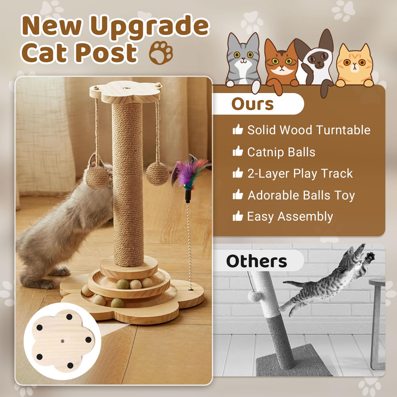 Cat Scratching Post with Natural Sisal, Sturdy Cat Scratcher for Indoor Smaller Cats Kitten Toy with Scratching Posts - Image 4