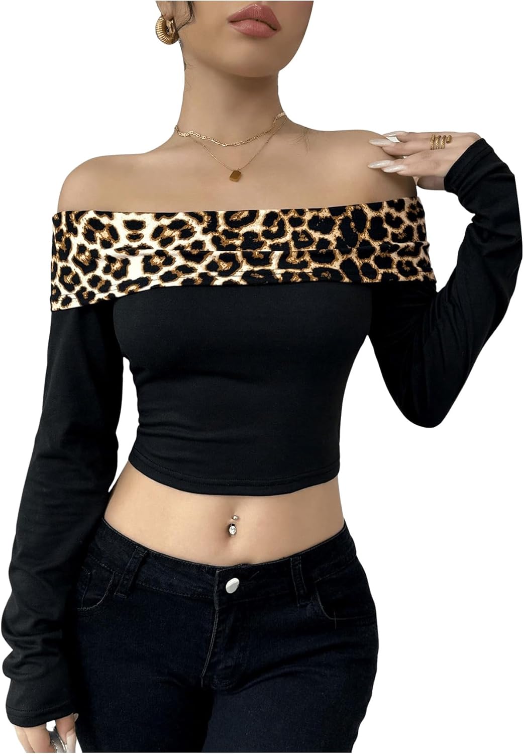 Verdusa Women's Leopard Off The Shoulder Cropped T Shirts Long Sleeve Tee Tops