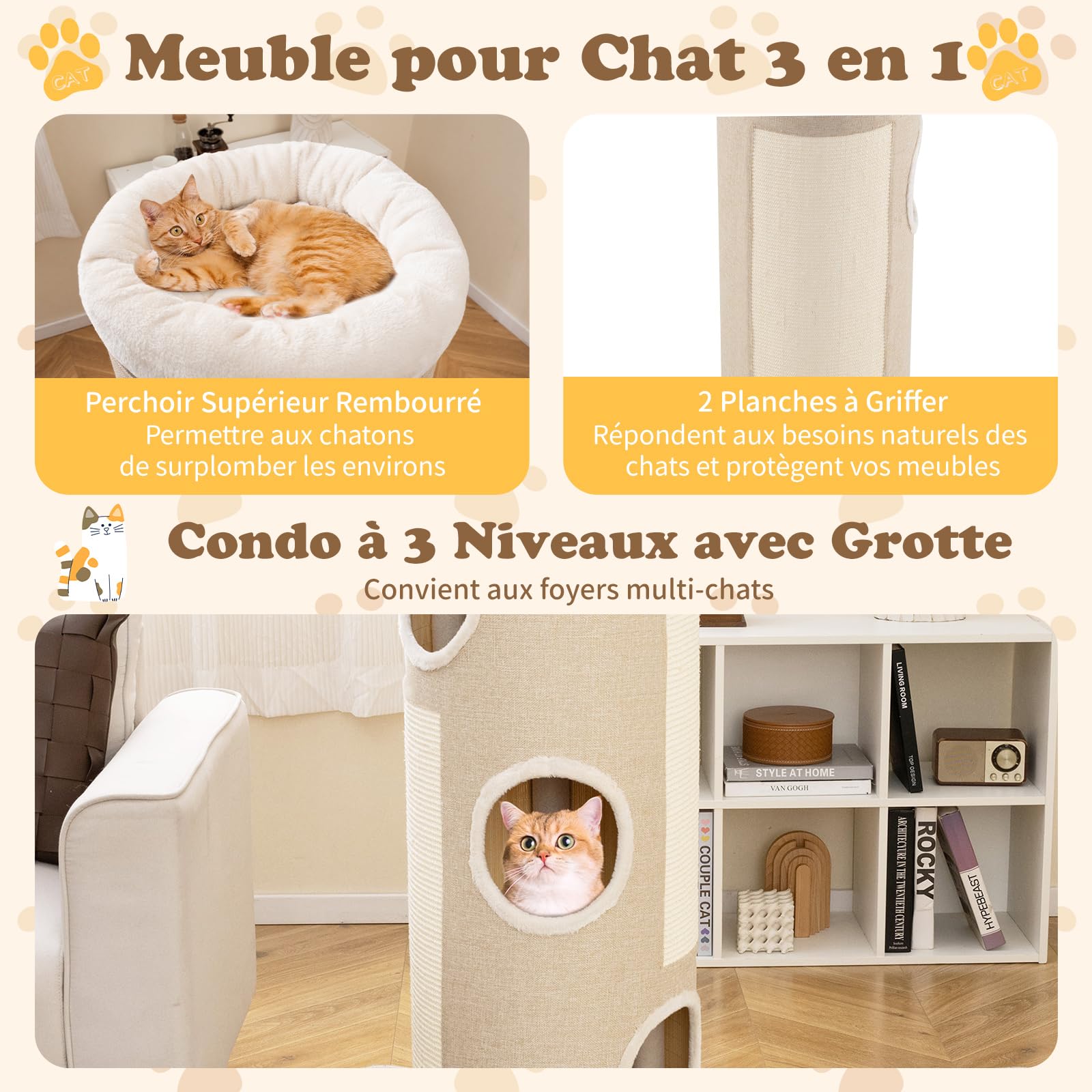 COSTWAY Tonneau Griffoir Chat à 4 Niveaux, Planche à Griffer en Sisal, 3 Condos, Coussin Amovible, Tapis en Bambou, Tour Chat Griffoir Interieur (43 x 43 x 113 cm,Naturel)