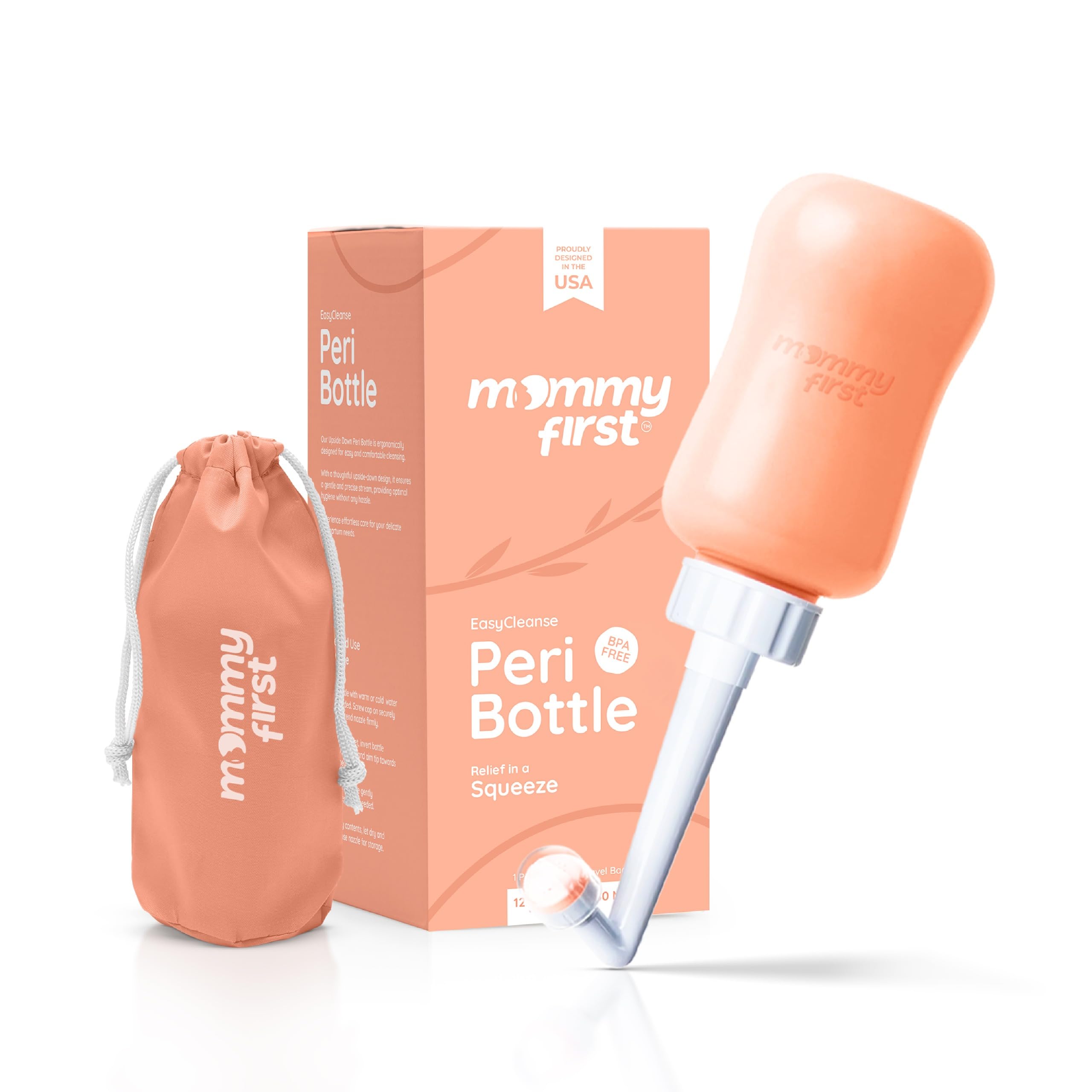 Mommy First® Peri Bottle for Postpartum Care | Upside Down Bottle for Perineal Cleansing and Recovery | Portable Bidet | Postpartum Essential | Peach 12.2 OZ