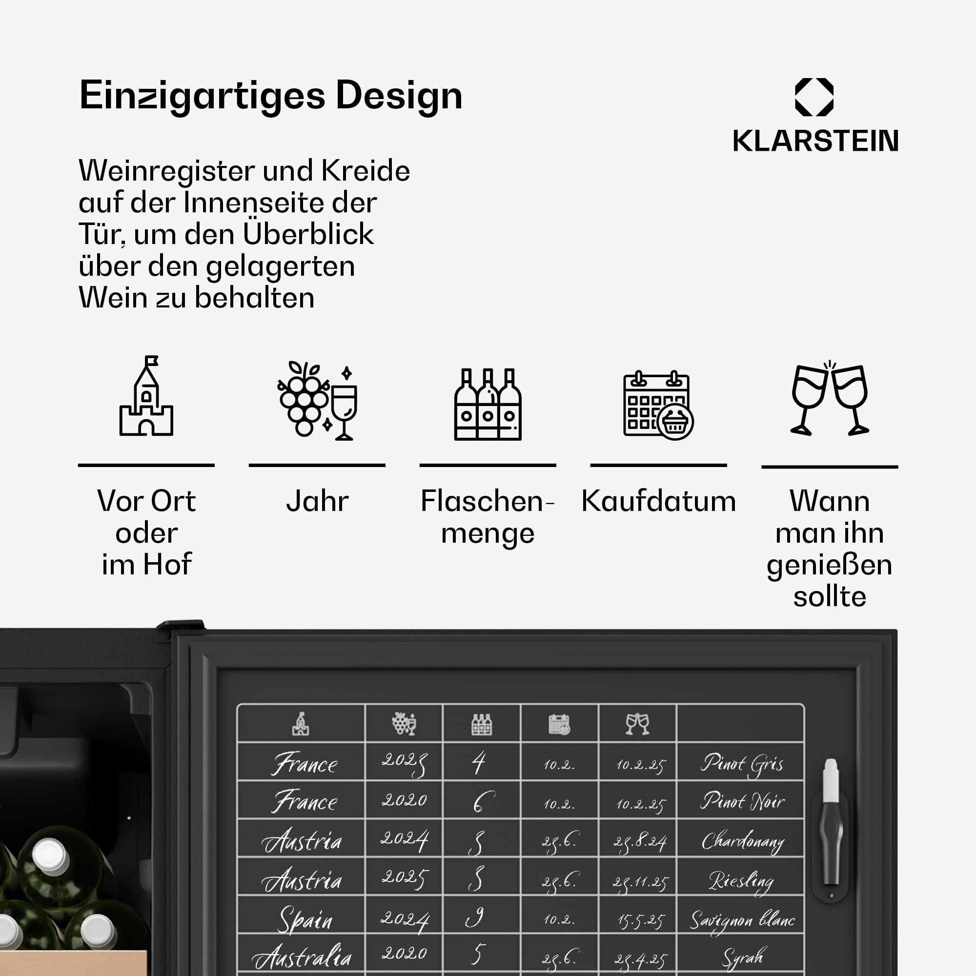Klarstein CellarMax Weinkühlschrank Freistehend - 114 Flaschen, 5-20 °C, Touch-Bedienung, Metalltür, Alarm, 1 Zone, Holzregale, Energieklasse E