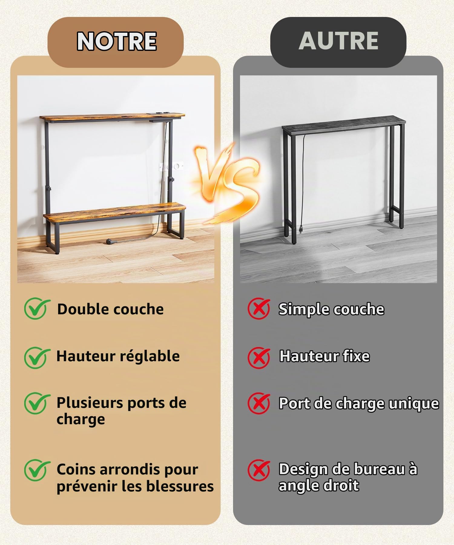 Yorbay Console étroite à 2 étagères - Table de couloir avec station de charge réglable en hauteur - Table d'appoint rétro avec prise - Table basse - Table d'entrée pour couloir, salon, chambre à