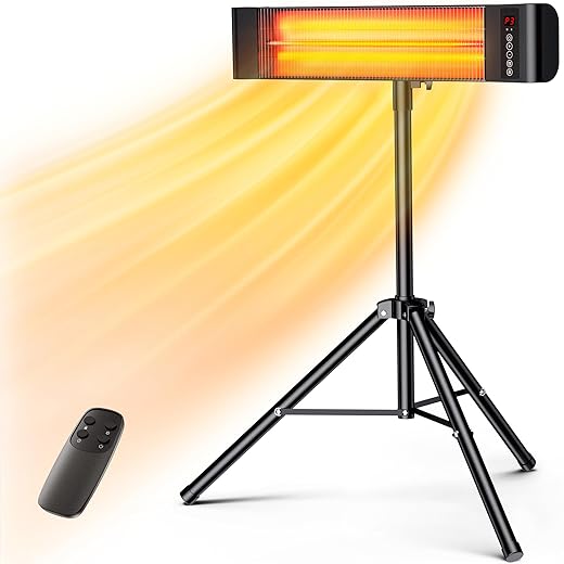 VAGKRI Outdoor Heaters, 1s Heating 1500W Infrared Patio Heater with Remote, 3 Heat Settings, 12H Timer, IP65 Waterproof, Wall Mount/Tripod Stand Electric Heater for Patio, Garage, Garden & Indoor Use