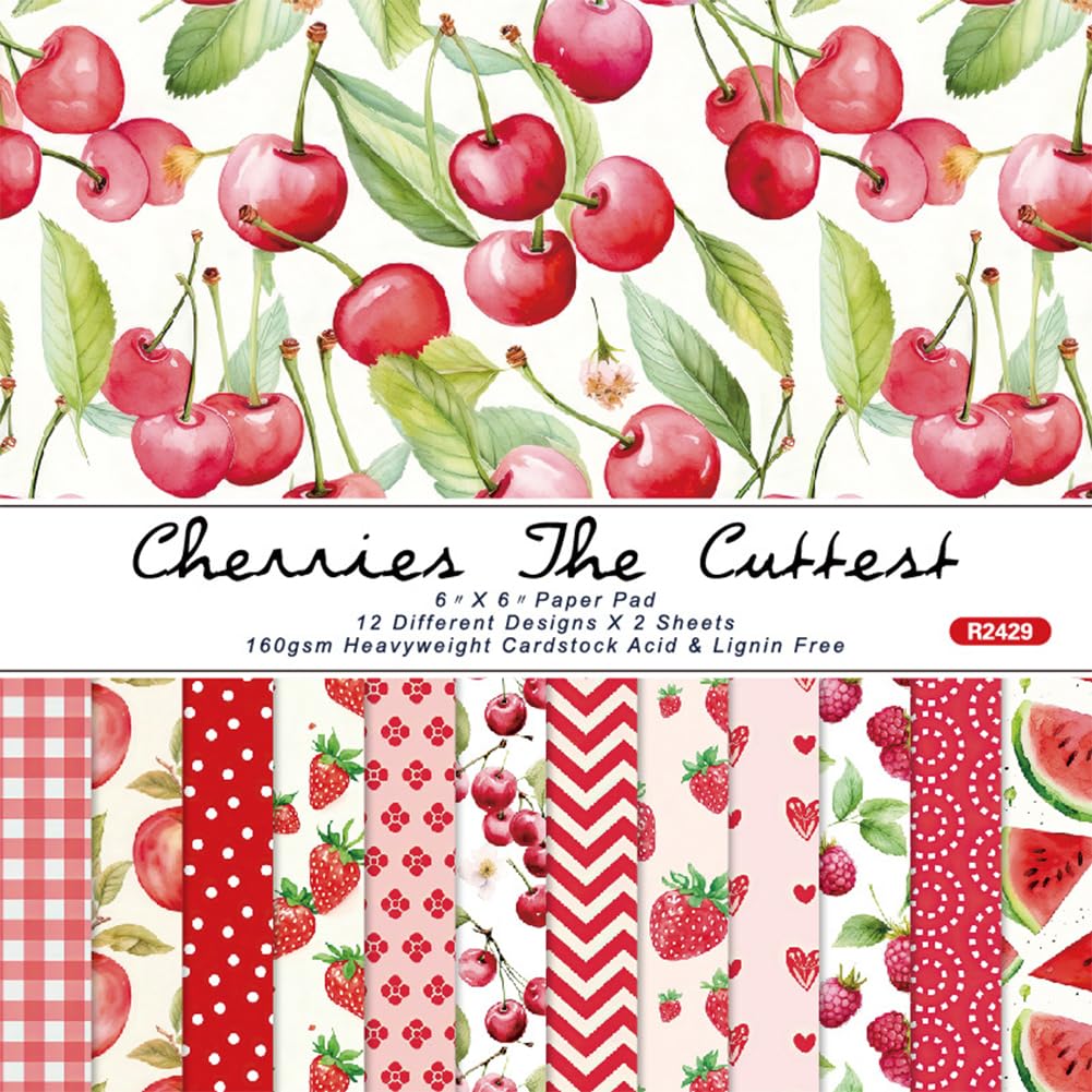 CRASPIRE 24Pcs Cherry Fruit Themed Scrapbook Paper 6 x 6in Strawberry Food Patterned Background Greeting Cardstock Journal Decorative Paper Pads for Album Scrapbooking Journal Cards DIY Making Decor