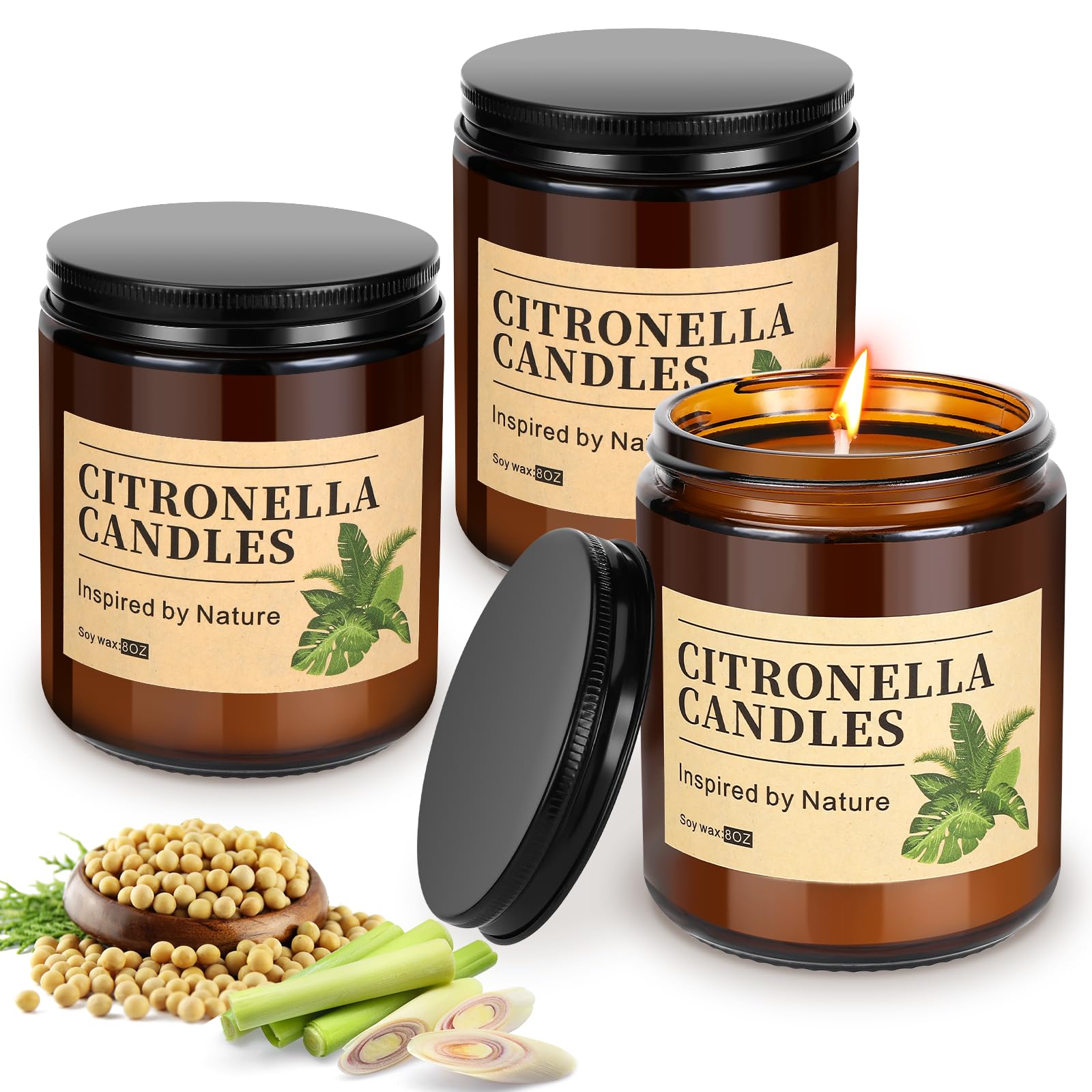 Auauraintt 3 pezzi Candela alla citronella da esterno grande,Candela alla | citronella in cera di soia naturale, durata di combustione 240 ore, per balcone, picnic, decorazione della tavola del patio