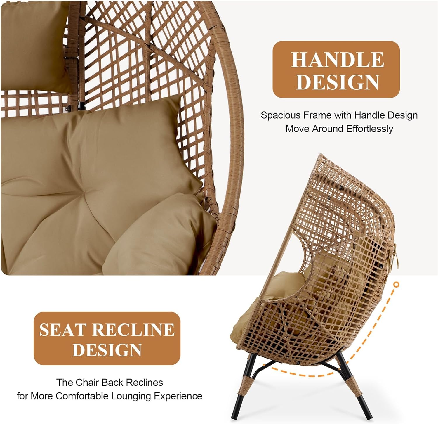 FINCATI Indoor Outdoor Double Egg Chair, 2 Person Oversized Wicker Rattan Stationary Lounge Chair with Legs, Loveseat Boho Egg Basket Chairs for Patio Garden Backyard Living Room Brown