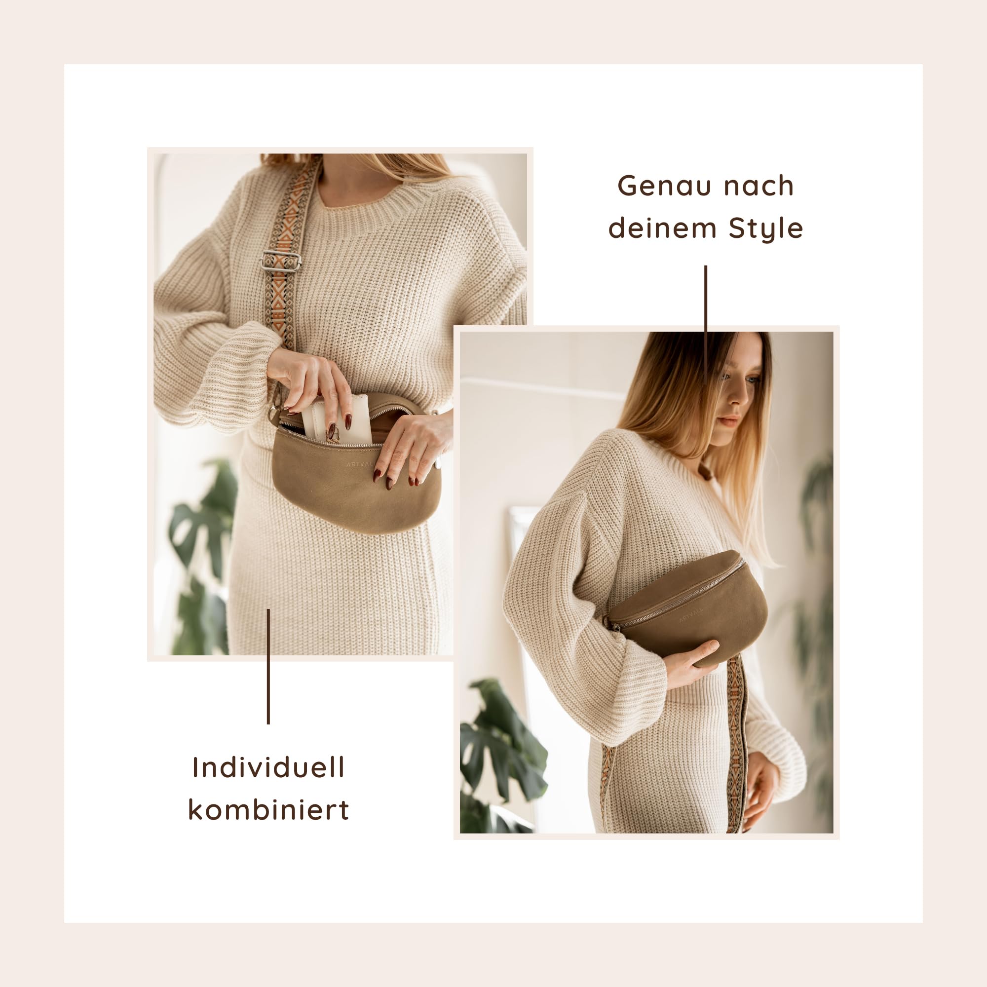 Umhängetasche Wildleder Tasche Handtasche Velours Bauchtasche Klein mit Schultergurt Design Taschenband abnehmbar verstellbares Riemen Crossbody Bag Echt Ledertasche Damen mit Reißverschluss