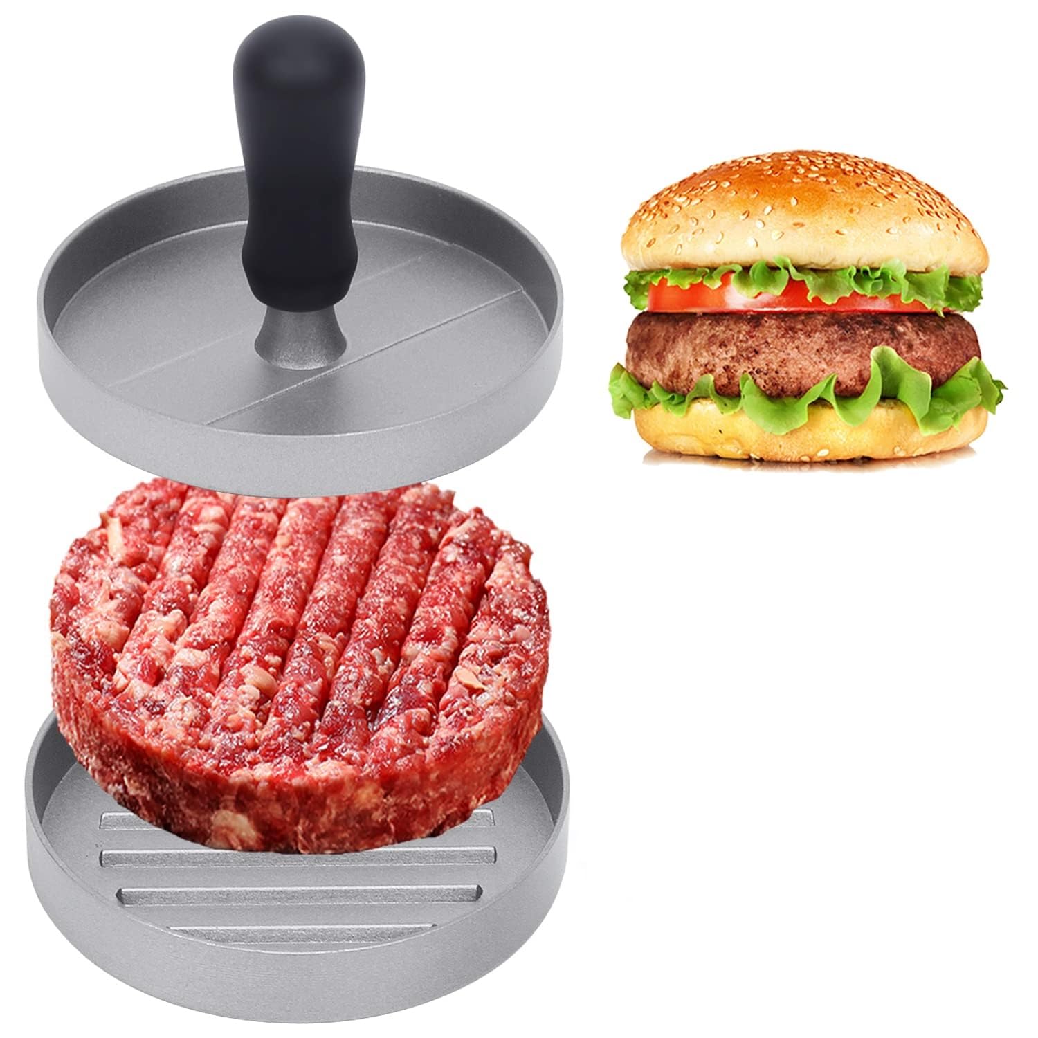 Tikki Patty Burger Grill Press Patty Mold, Patty Maker for Beef, Chicken, Turkey, Pork and Vegetable Burgers with Wooden Handle