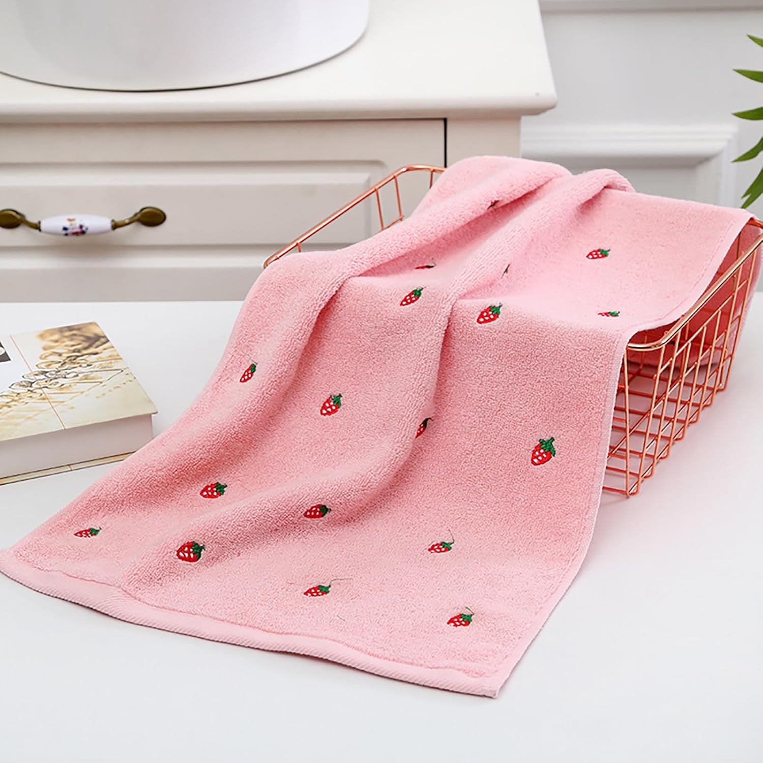 4 Pack Cute Strawberry Hand Towels for Women Girls Soft Cotton Decorative Towels for Bathroom-14 x 30 Inches (2 Pink +2 White Strawberry)