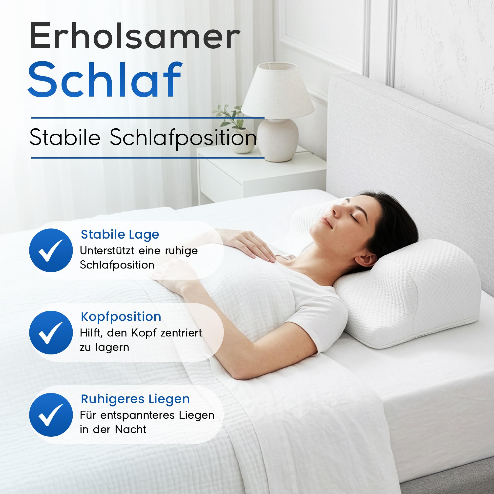 RelaxSleep Rückenschläferkissen Premium, ergonomisches Anti-Falten Kissen für stabile Rückenlage, nach Haartransplantation, Nasen-OP, Brust-OP, Botox & Beauty