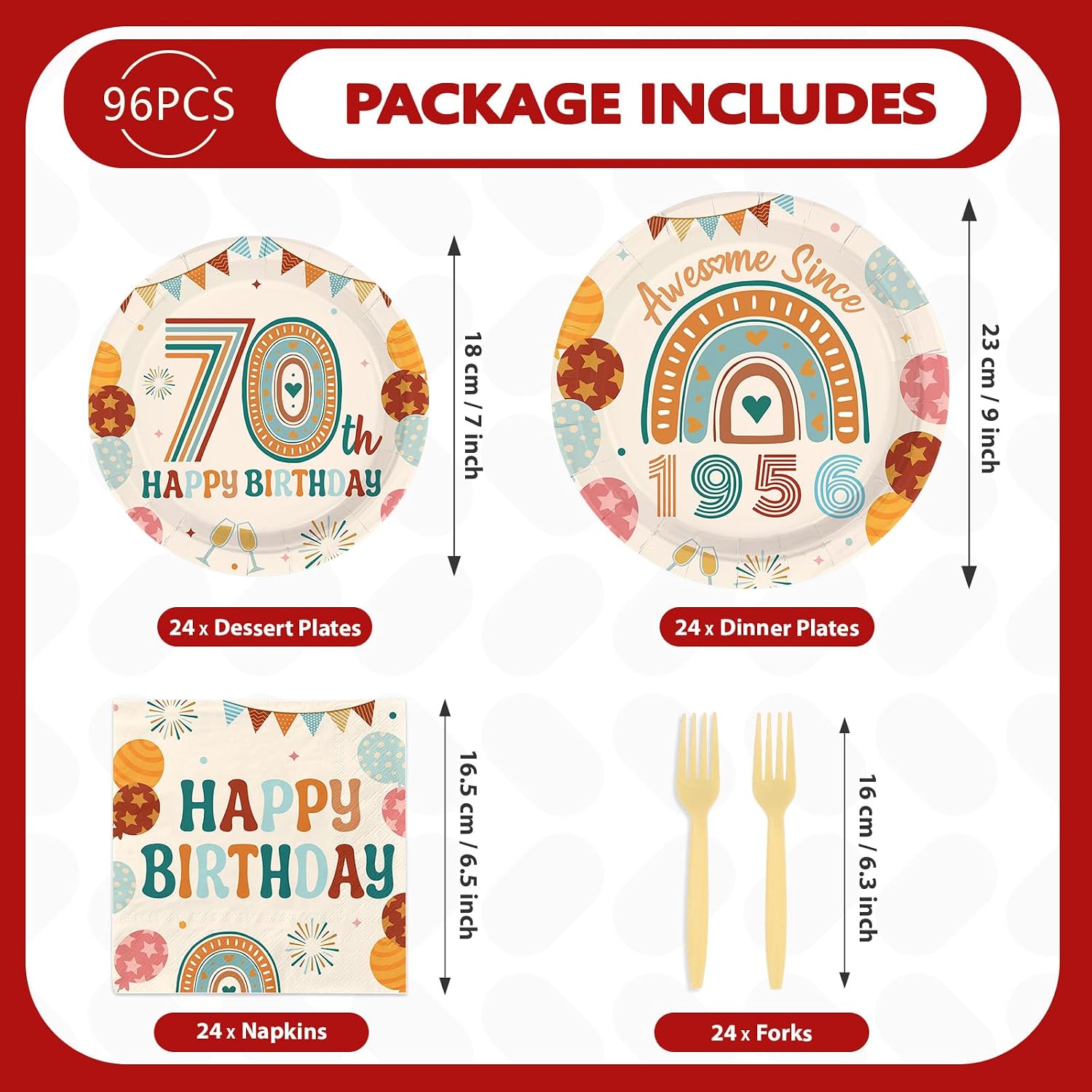 96Pcs 70th Birthday Party Decorations Boho Rainbow 70th Birthday Plates and Napkins Beige Vintage 1956 Disposable Paper Tableware Set for Men Women 70 Years Old Party Supplies Serves 24