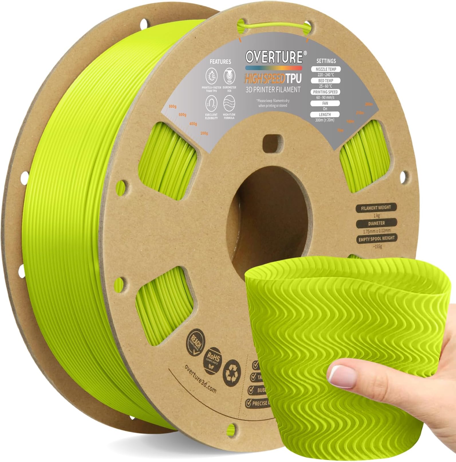 OVERTURE TPU フィラメント 高速 95A 1.75mm 1kg FDM 3Dプリンター用(グラスグリーン)