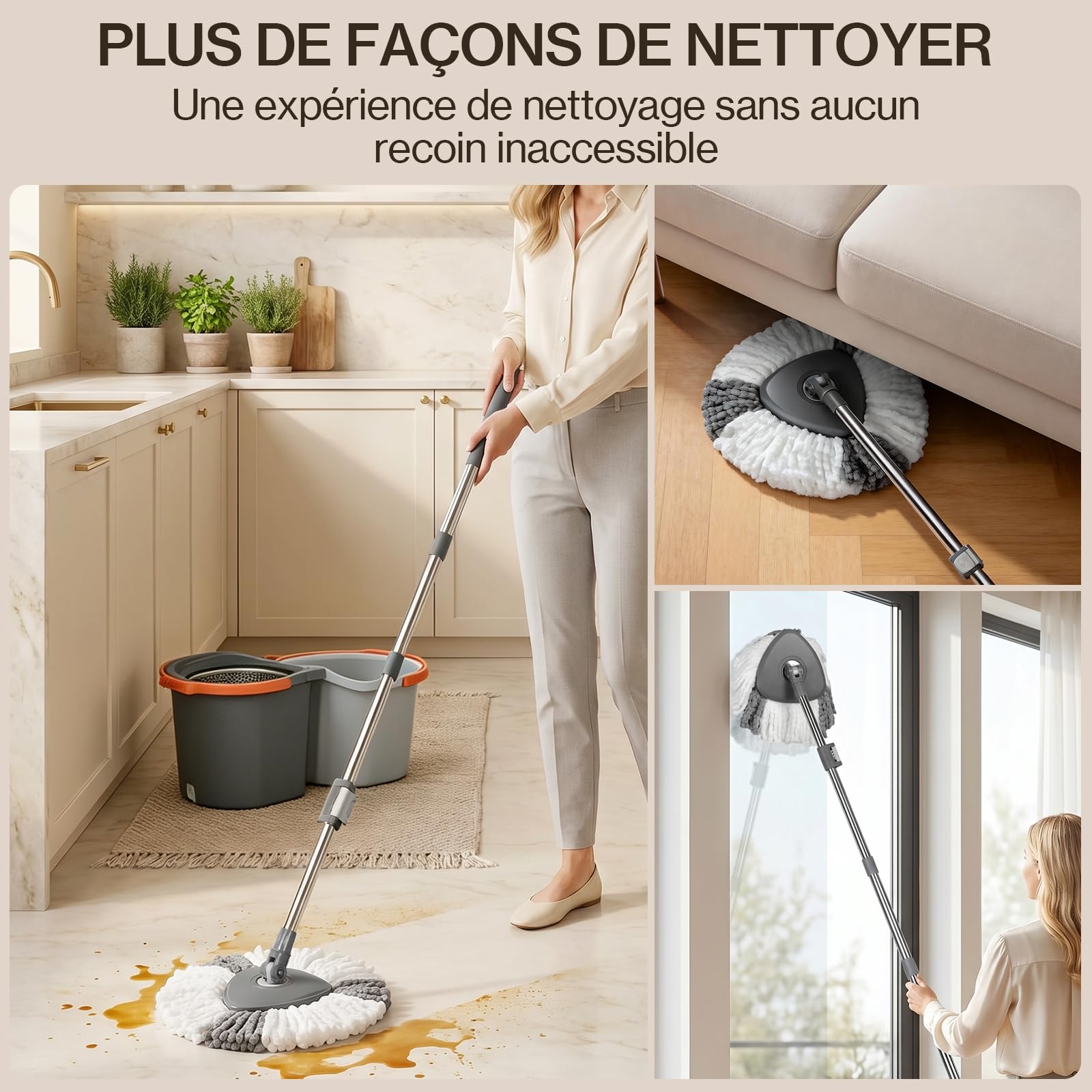 MASTERTOP Ensemble Balai Serpillère et Seau Essoreur - Eau Propre/Eau Sale | Essorage Par Pression, Manche Télescopique Réglable, Tête Rotative à 360° - 2 Housses Microfibres Lavables