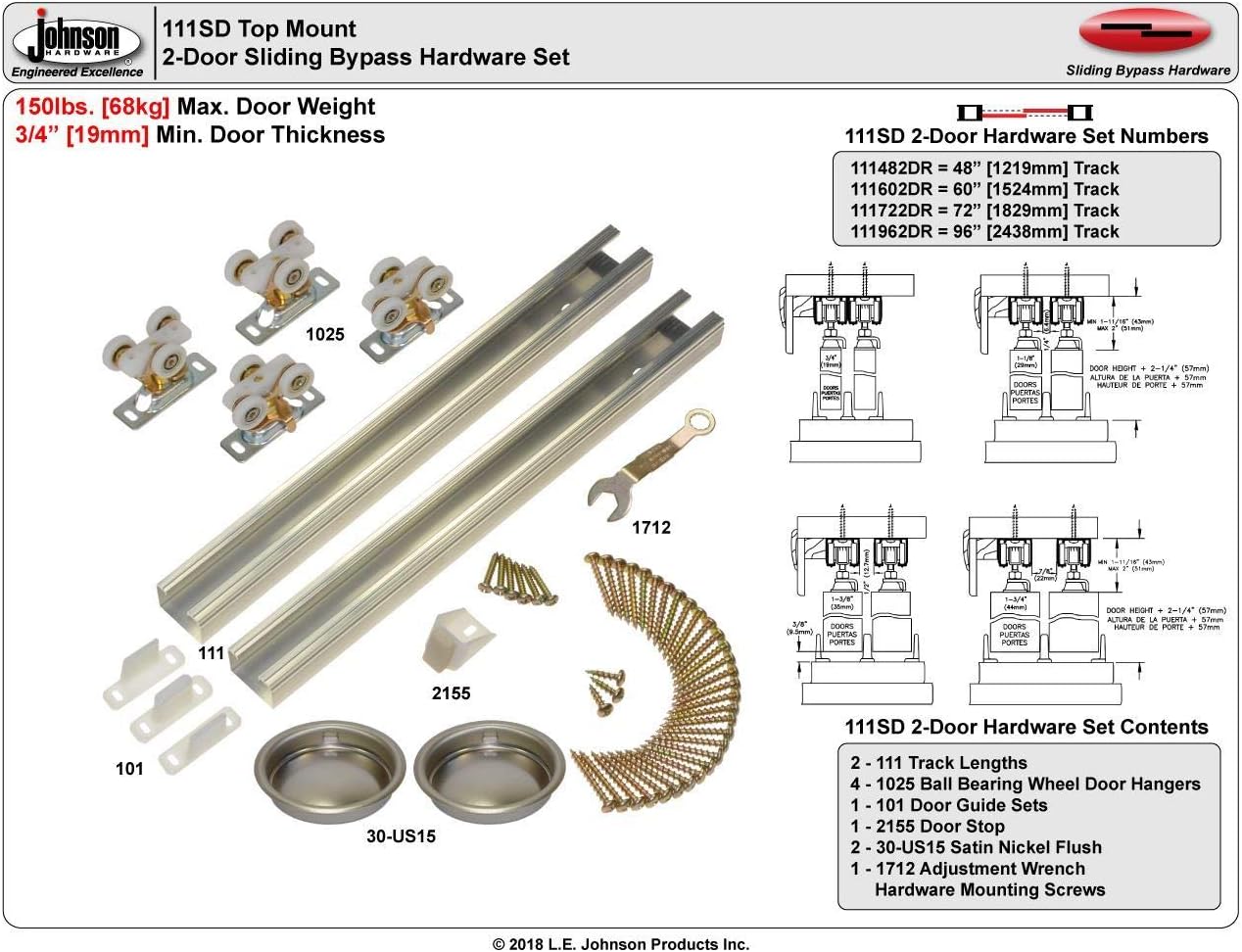 Johnson Hardware 111SD 60 Inch 2-Door Heavy Duty Pocket Door Hardware Silver