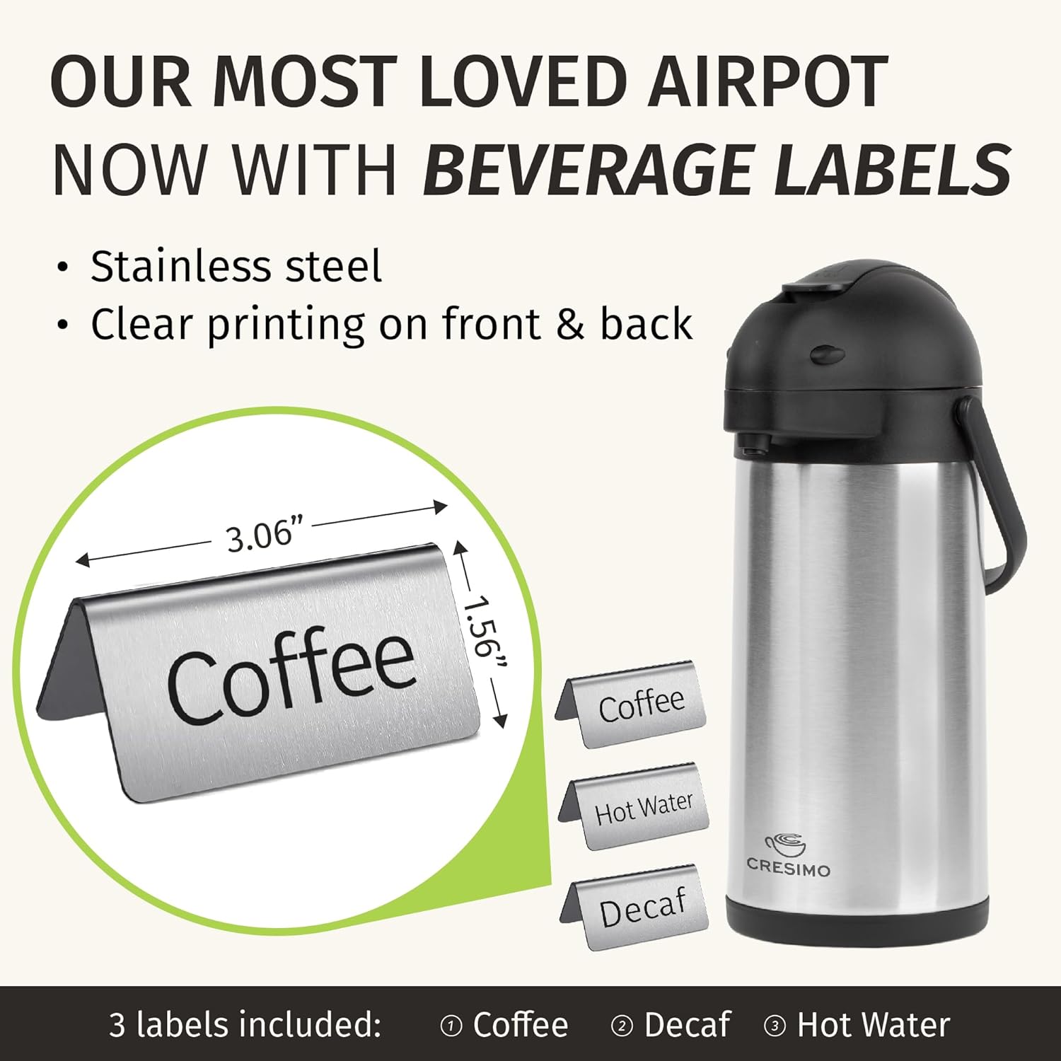 Cresimo Coffee Carafe for Keeping Hot 102oz Airpot Coffee Dispenser with Pump & Stainless Steel Table Tent Signs - 3L Airpots for Hot Beverages - Easy-to-use Insulated Coffee Carafe & Beverage Labels