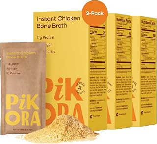Pikora Chicken Bone Broth Instant Powdered Mix (3 Pack, 12 Servings) | High-Protein, Gluten-Free, Collagen-Rich, No Sugar, Keto & Paleo Friendly | 11g Protein, 50 Calories per Serving