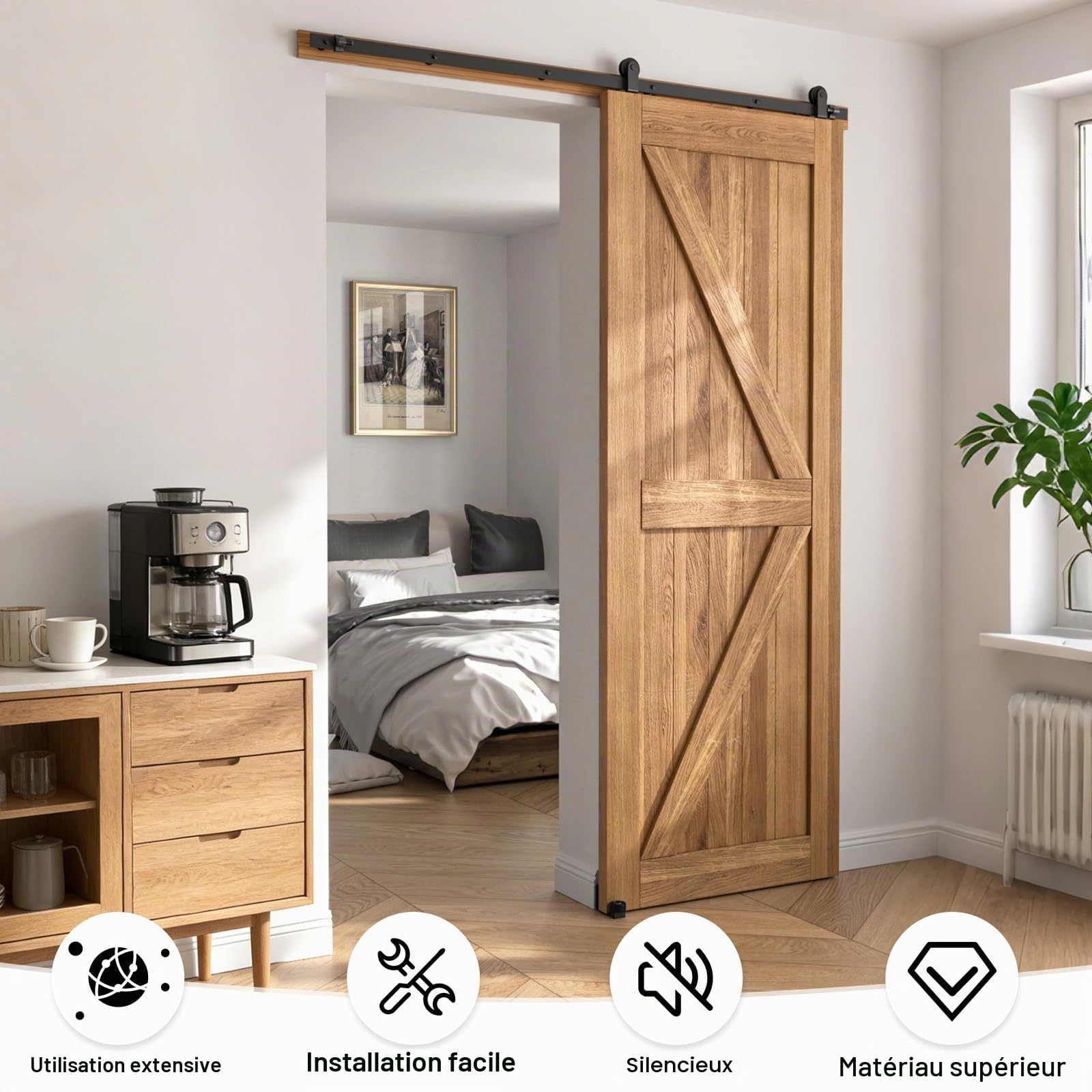 182CM/6FT ETIASQSA 6.6FT/200CM Quincaillerie De Porte Coulissante Kit Porte Coulissante Rail pour système de quincaillerie à célibataire porte Contient Ajustable Guide de Plancher Noir Guide