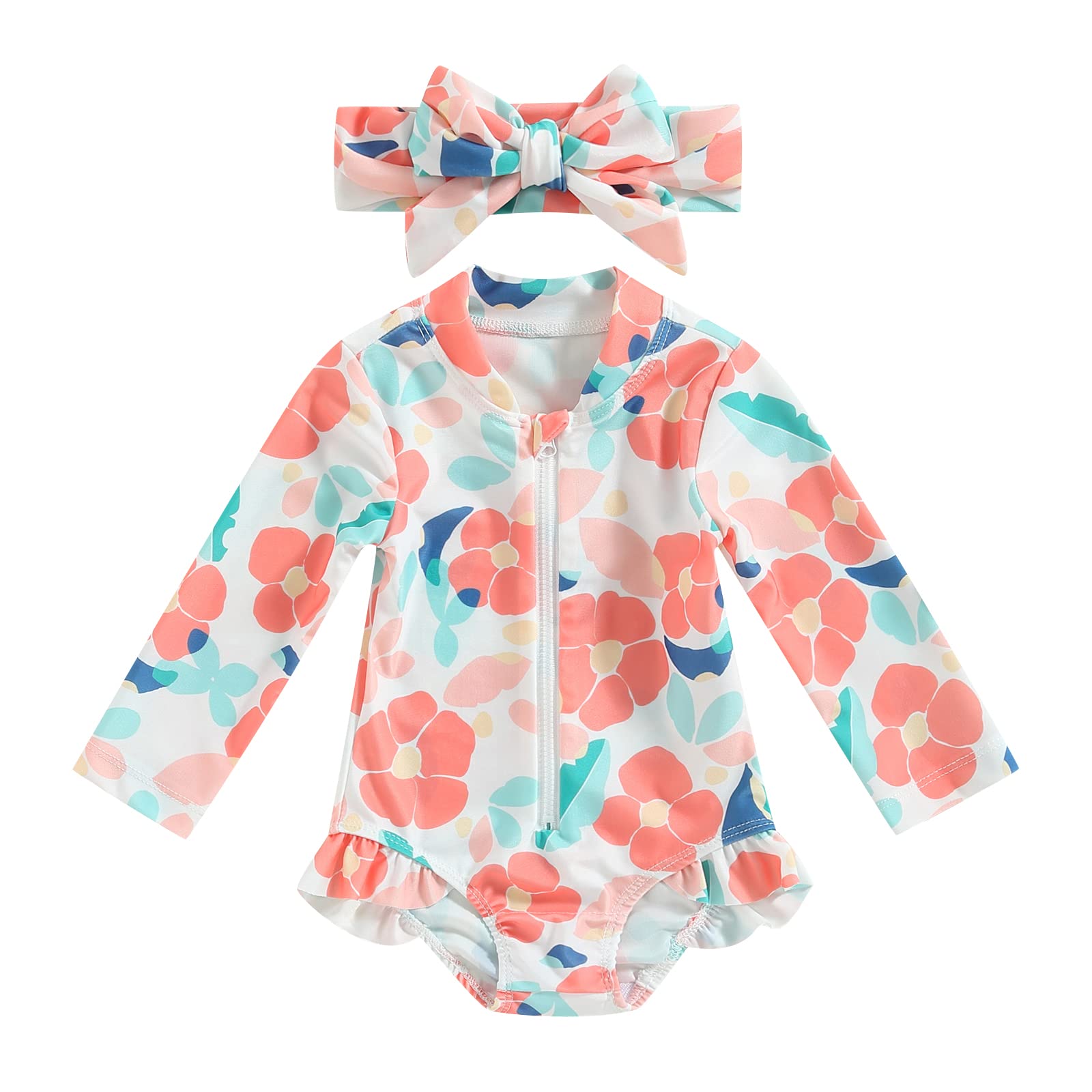 Loalirando Traje de Baño para Bebé Niña Bañador de Manga Larga con Cremallera y Estampado de Flores/Escamas + Gorra de Natación Conjunto Ropa de Baño Verano para Playa Mar Piscina
